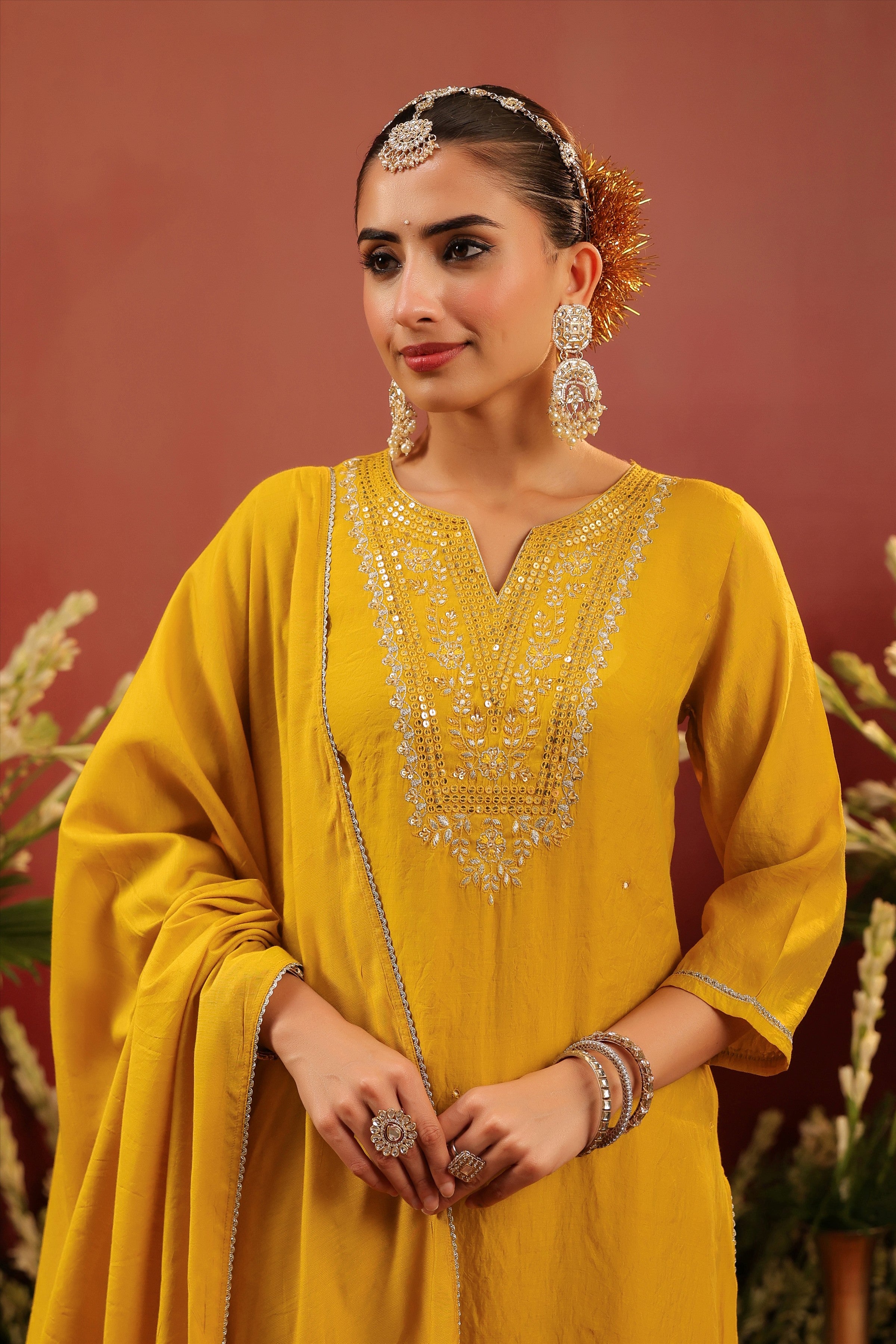 Mustard Mul Chanderi Hand Embroidered Straight Suit Set