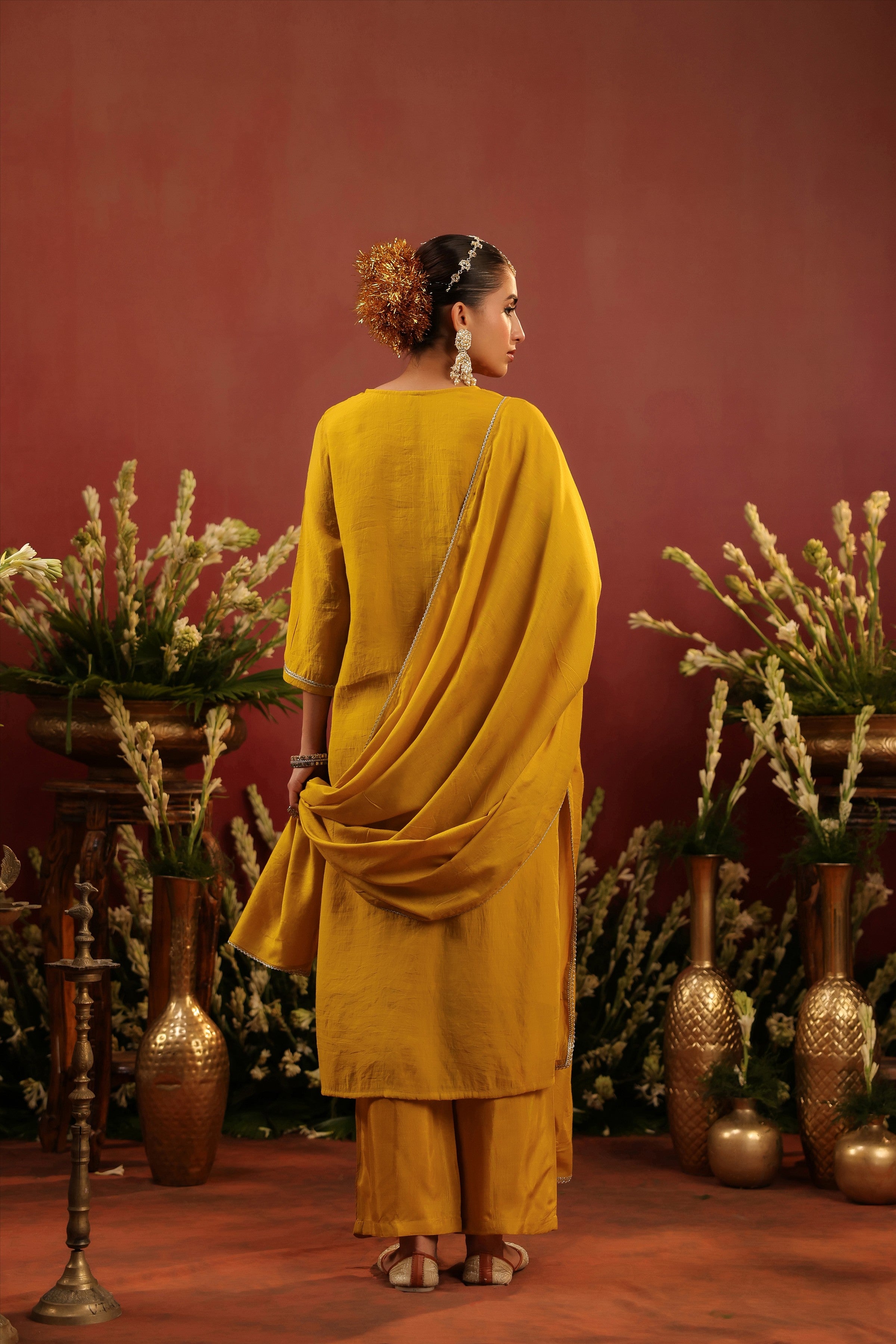 Mustard Mul Chanderi Hand Embroidered Straight Suit Set