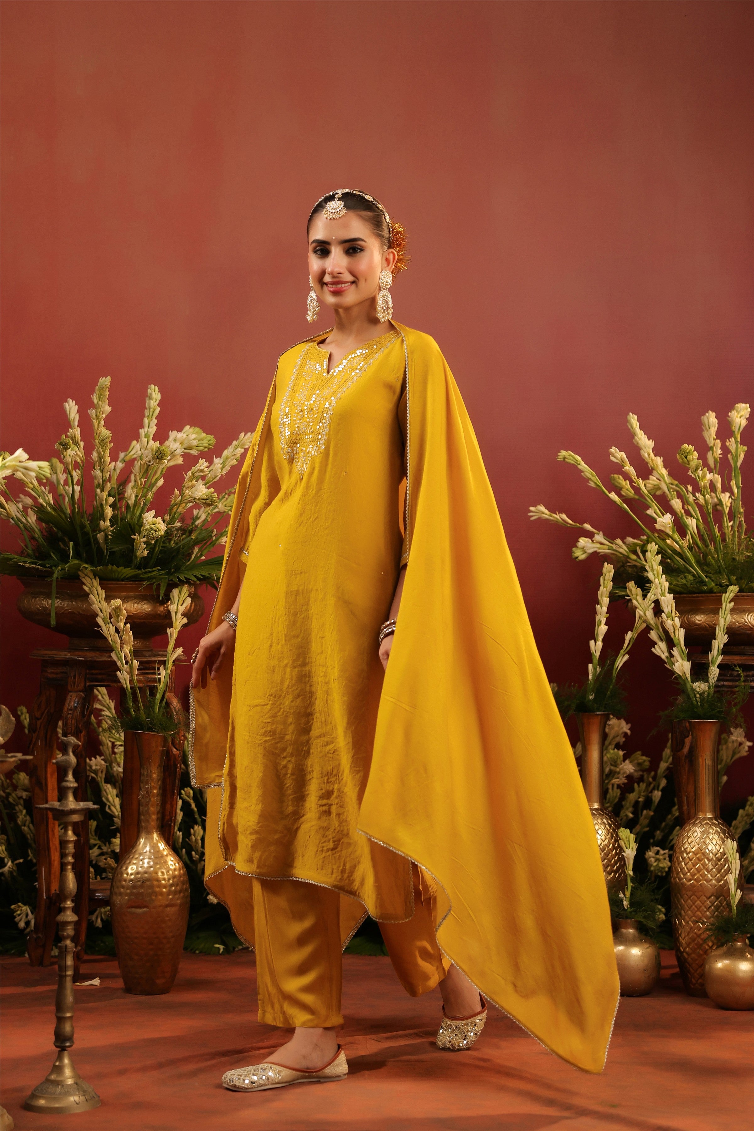 Mustard Mul Chanderi Hand Embroidered Straight Suit Set