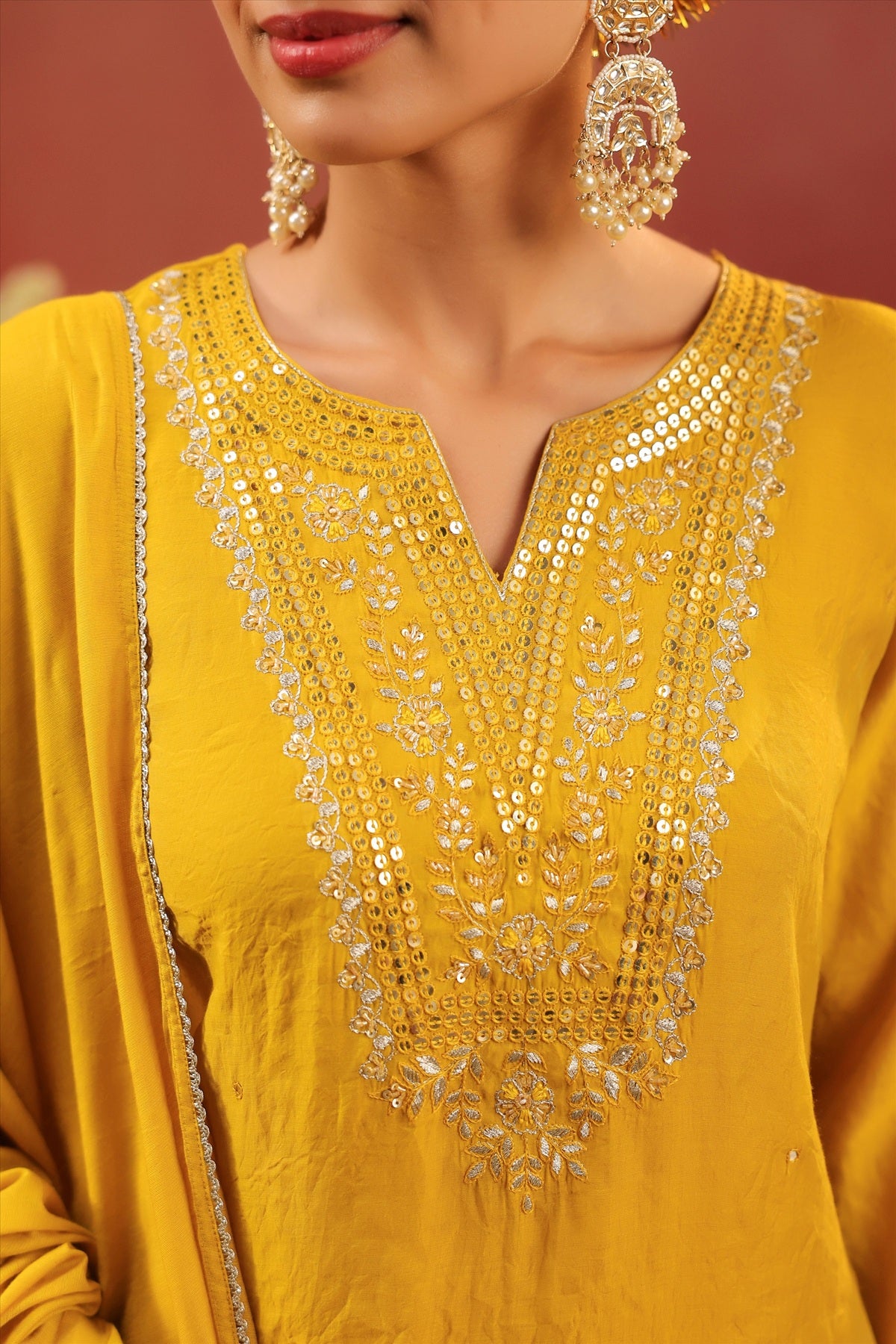 Mustard Mul Chanderi Hand Embroidered Straight Suit Set