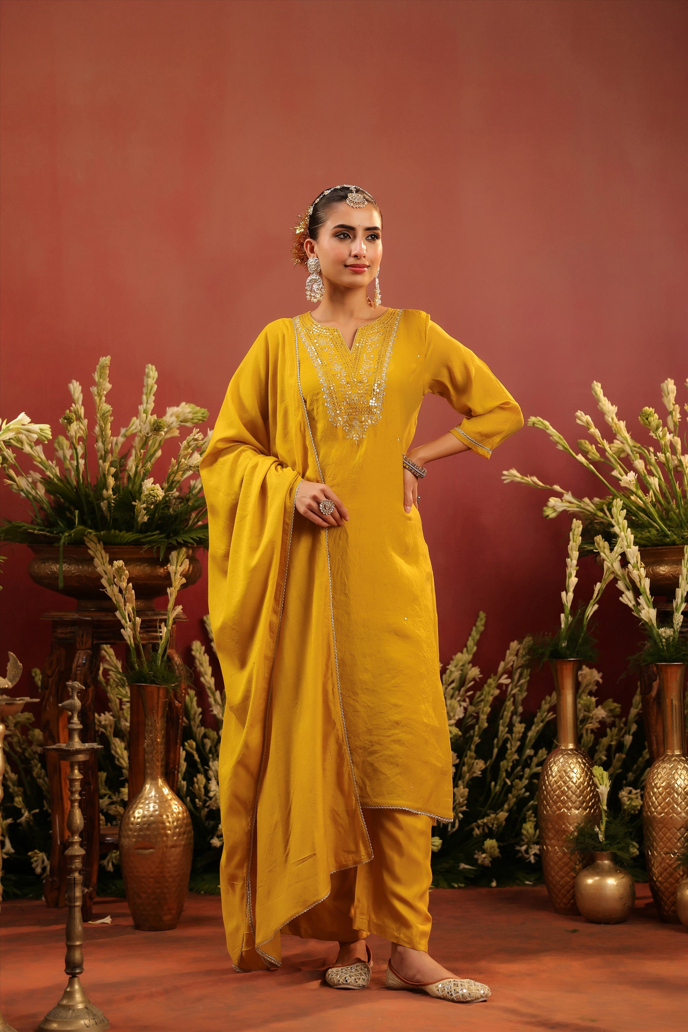 Mustard Mul Chanderi Hand Embroidered Straight Suit Set