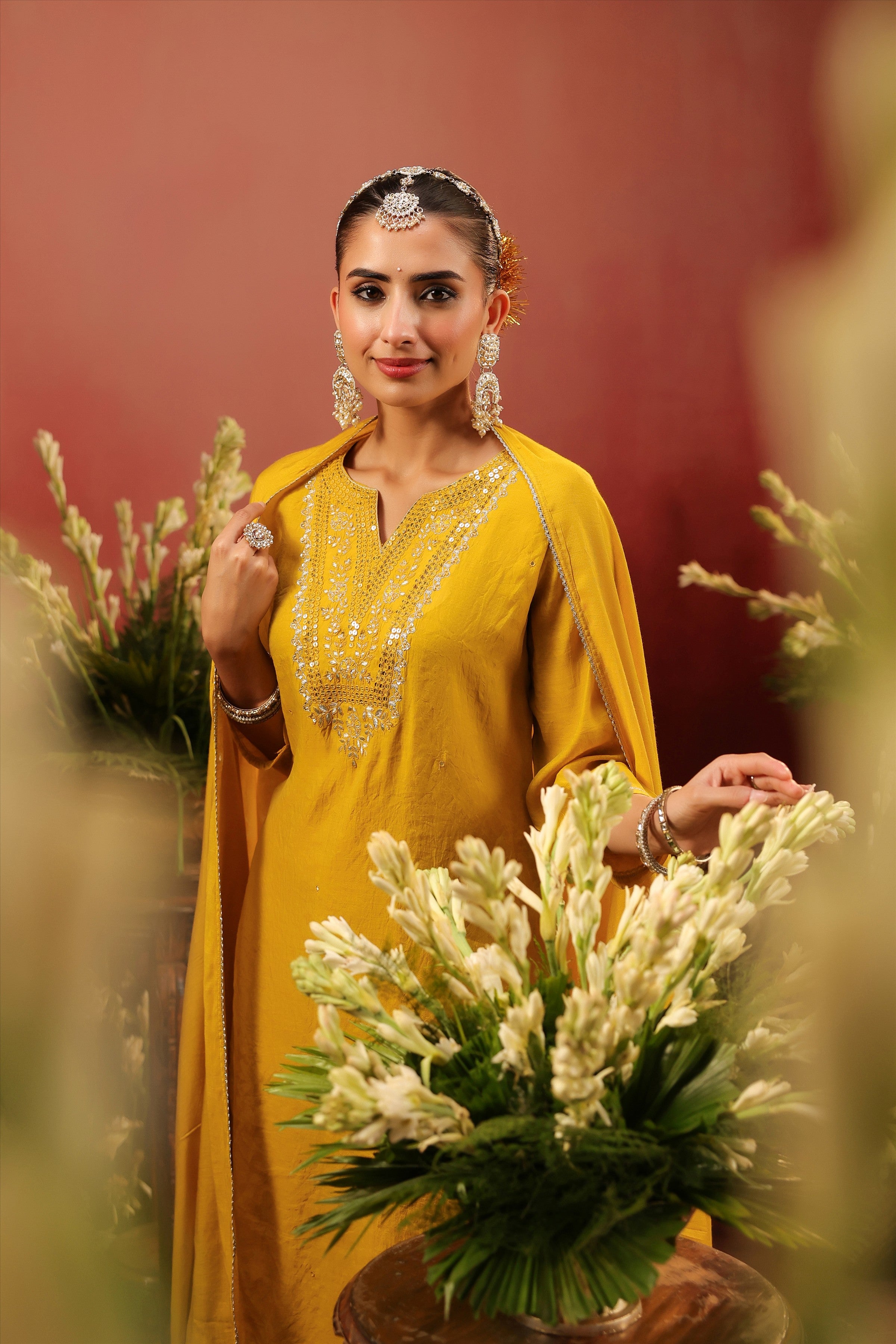 Mustard Mul Chanderi Hand Embroidered Straight Suit Set