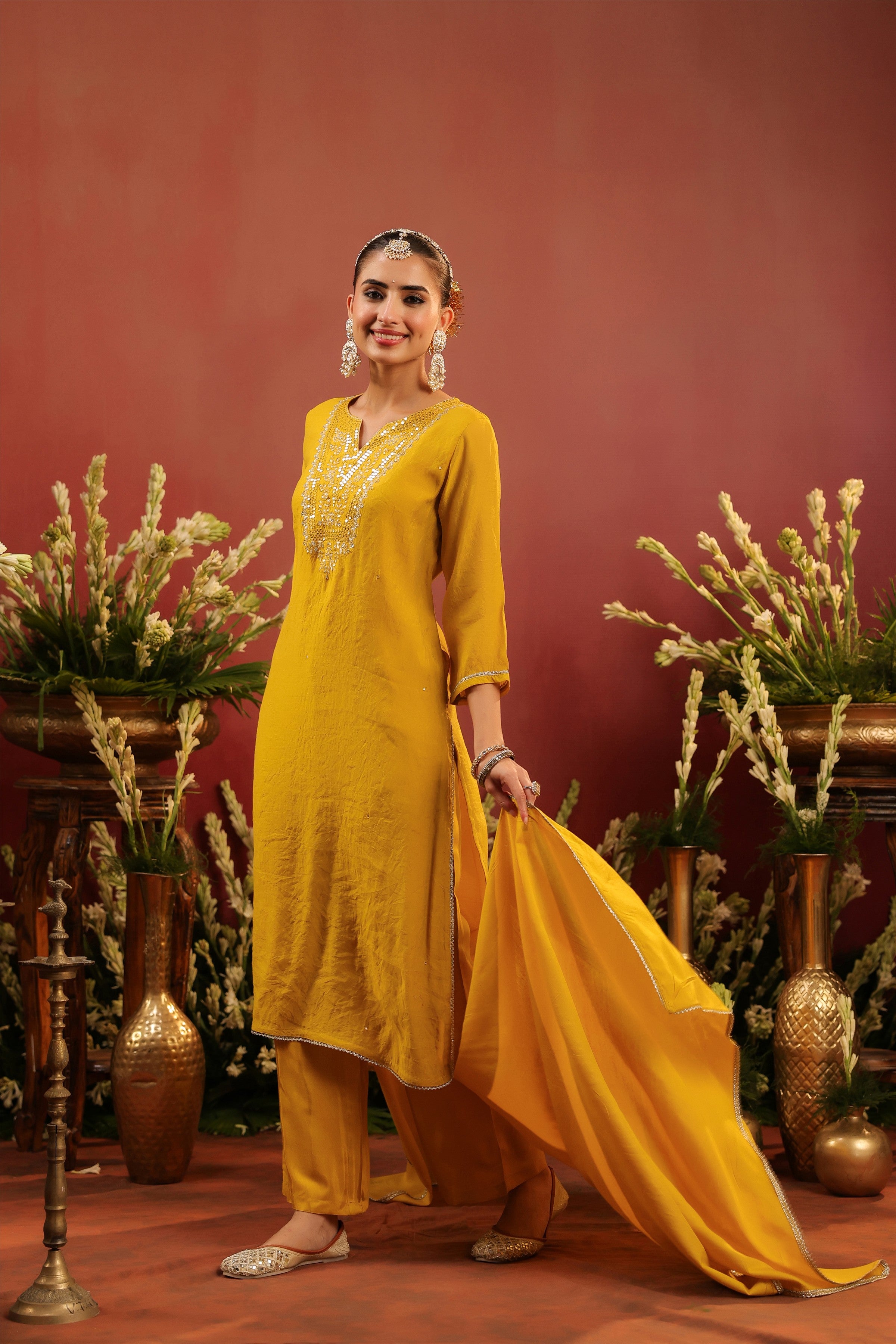 Mustard Mul Chanderi Hand Embroidered Straight Suit Set