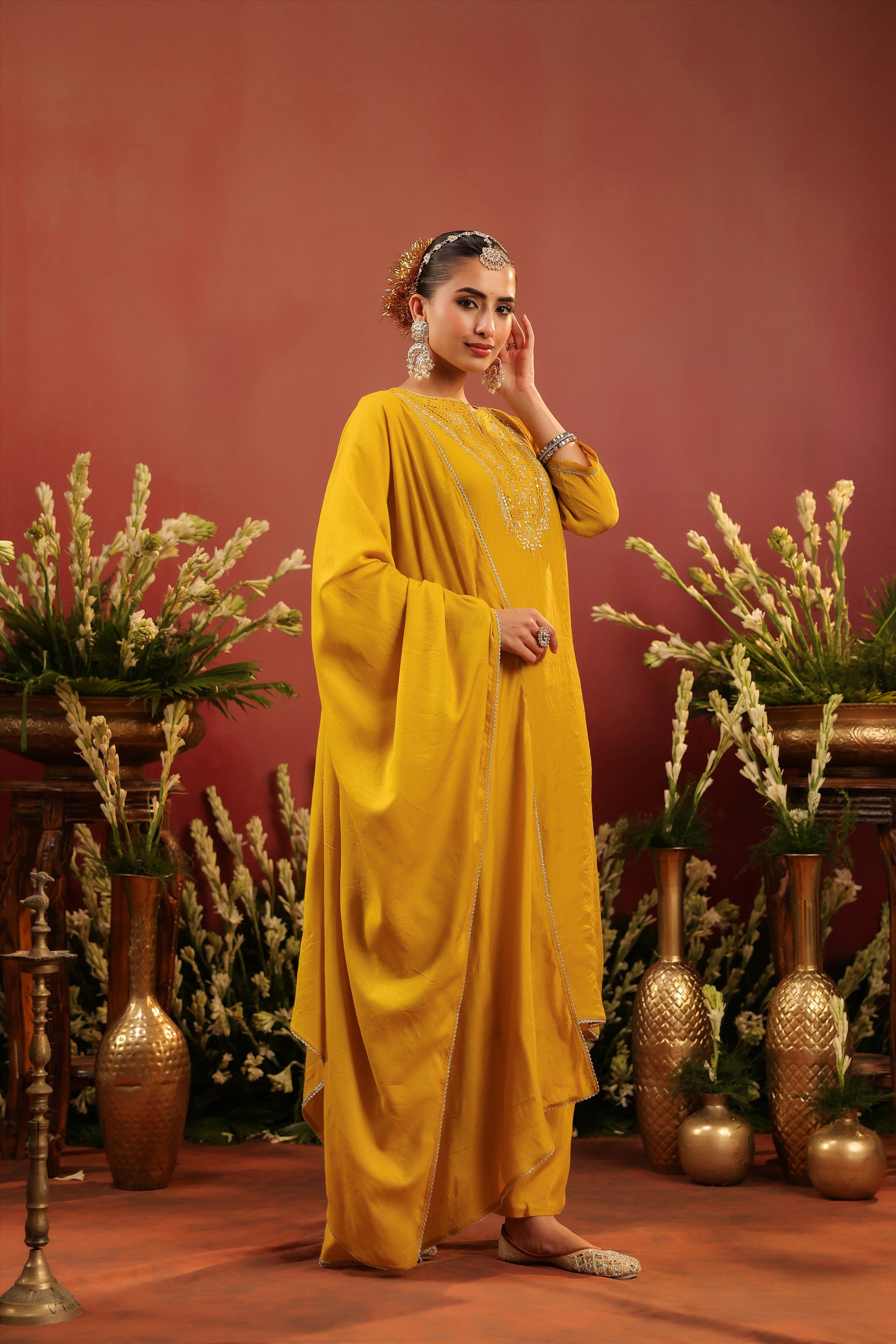 Mustard Mul Chanderi Hand Embroidered Straight Suit Set