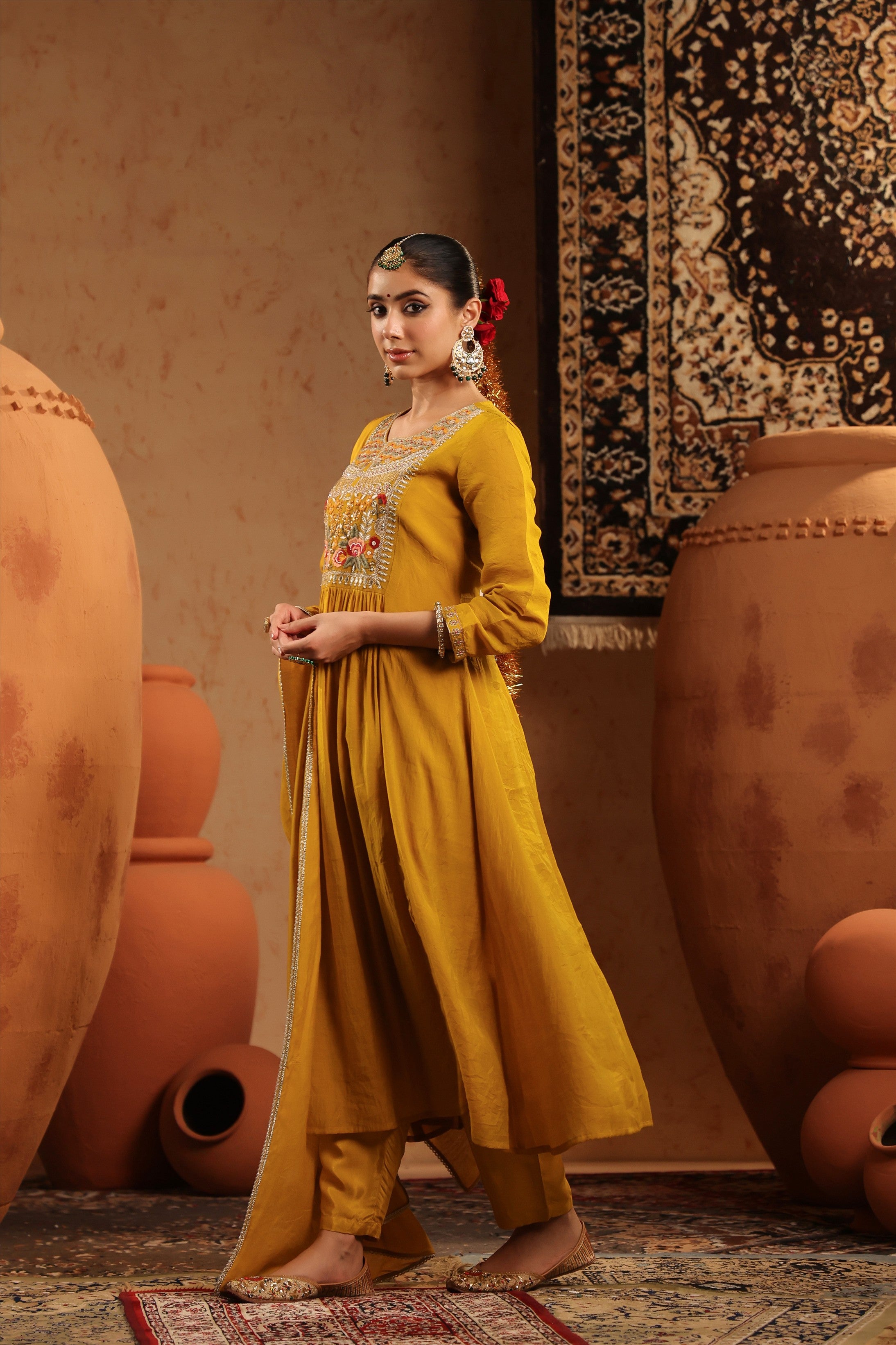 Mustard Mul Chanderi Embroidered - Handwork Anarkali Suit Set
