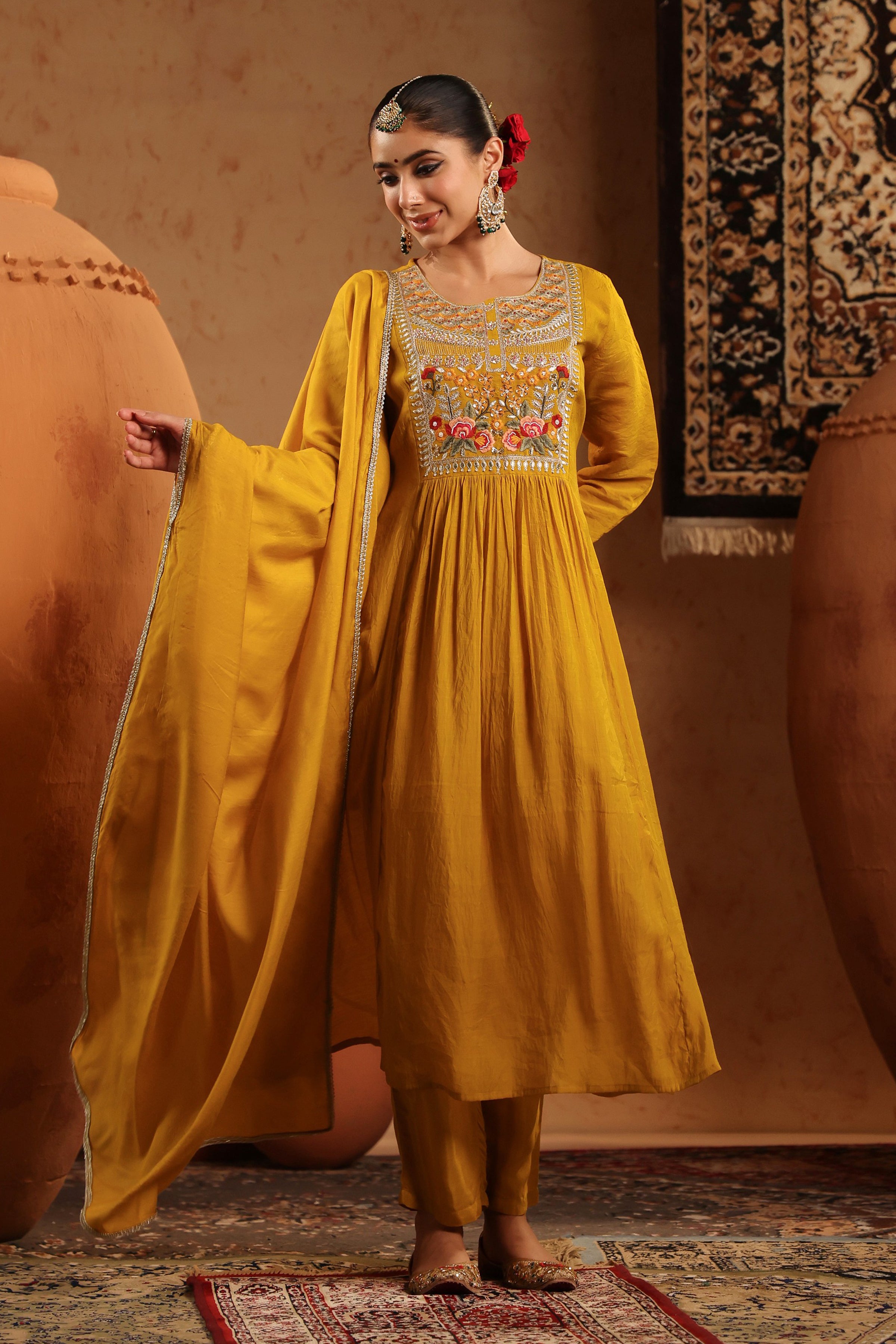 Mustard Mul Chanderi Embroidered - Handwork Anarkali Suit Set