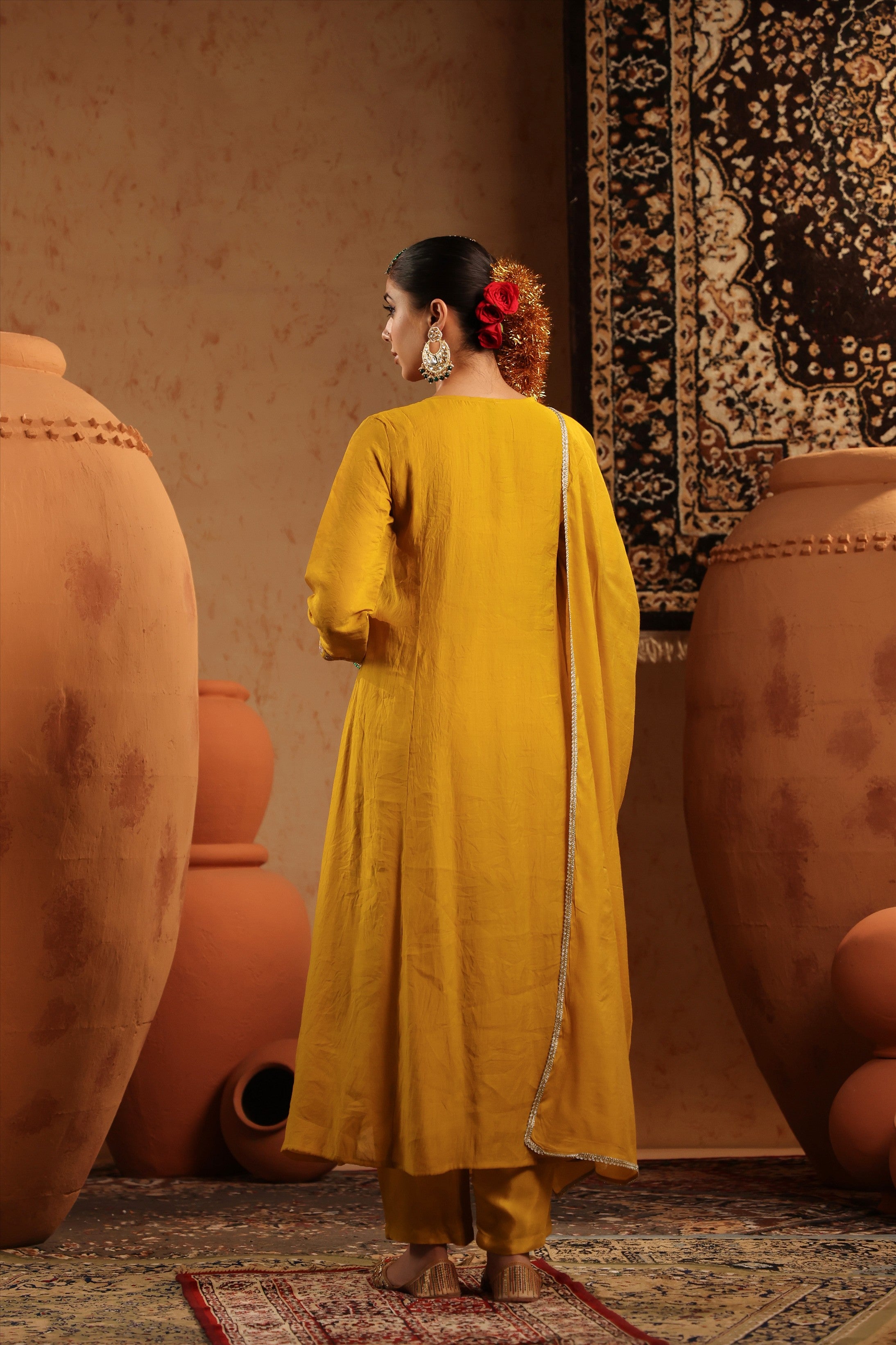 Mustard Mul Chanderi Embroidered - Handwork Anarkali Suit Set