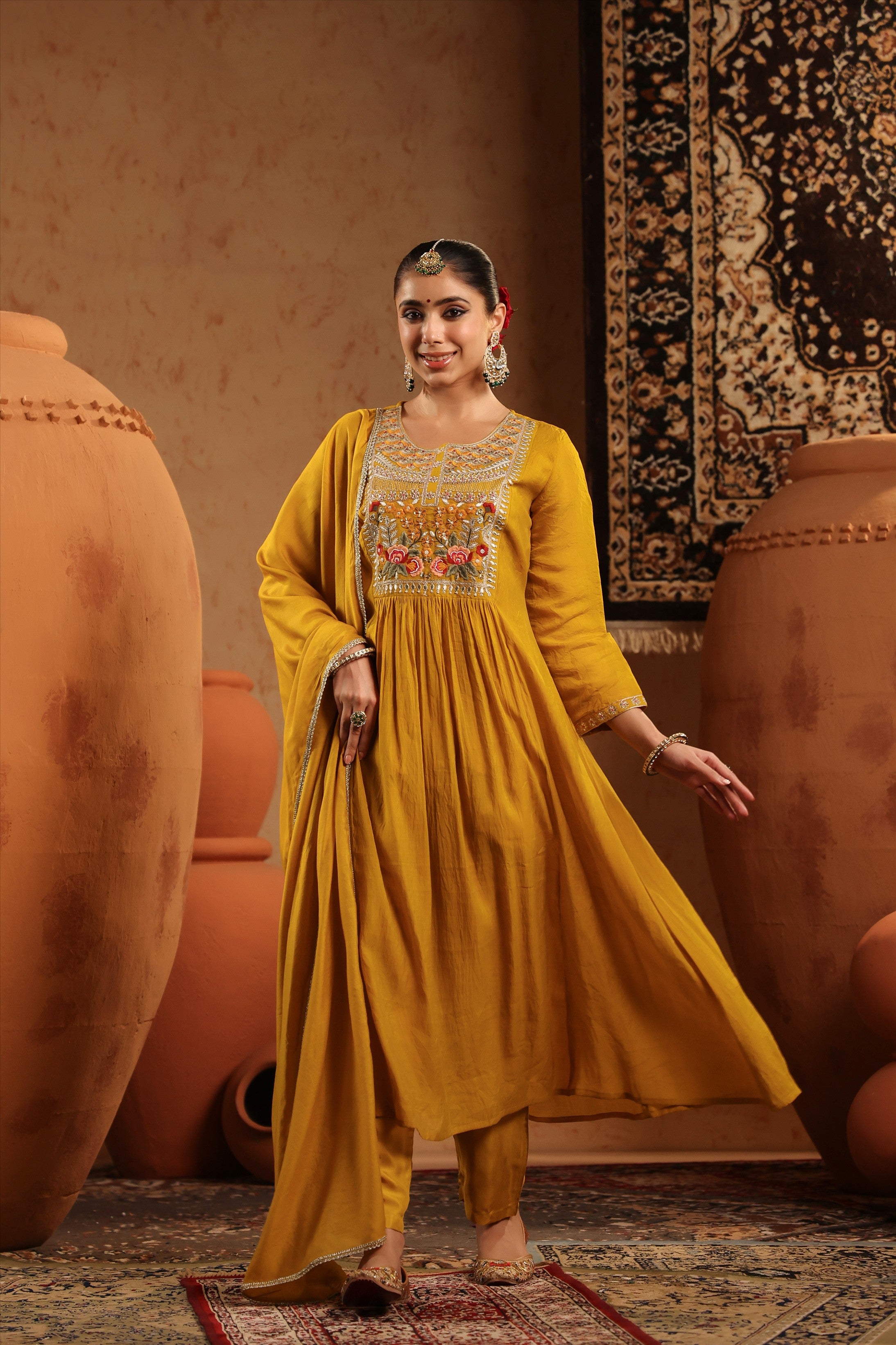 Mustard Mul Chanderi Embroidered - Handwork Anarkali Suit Set