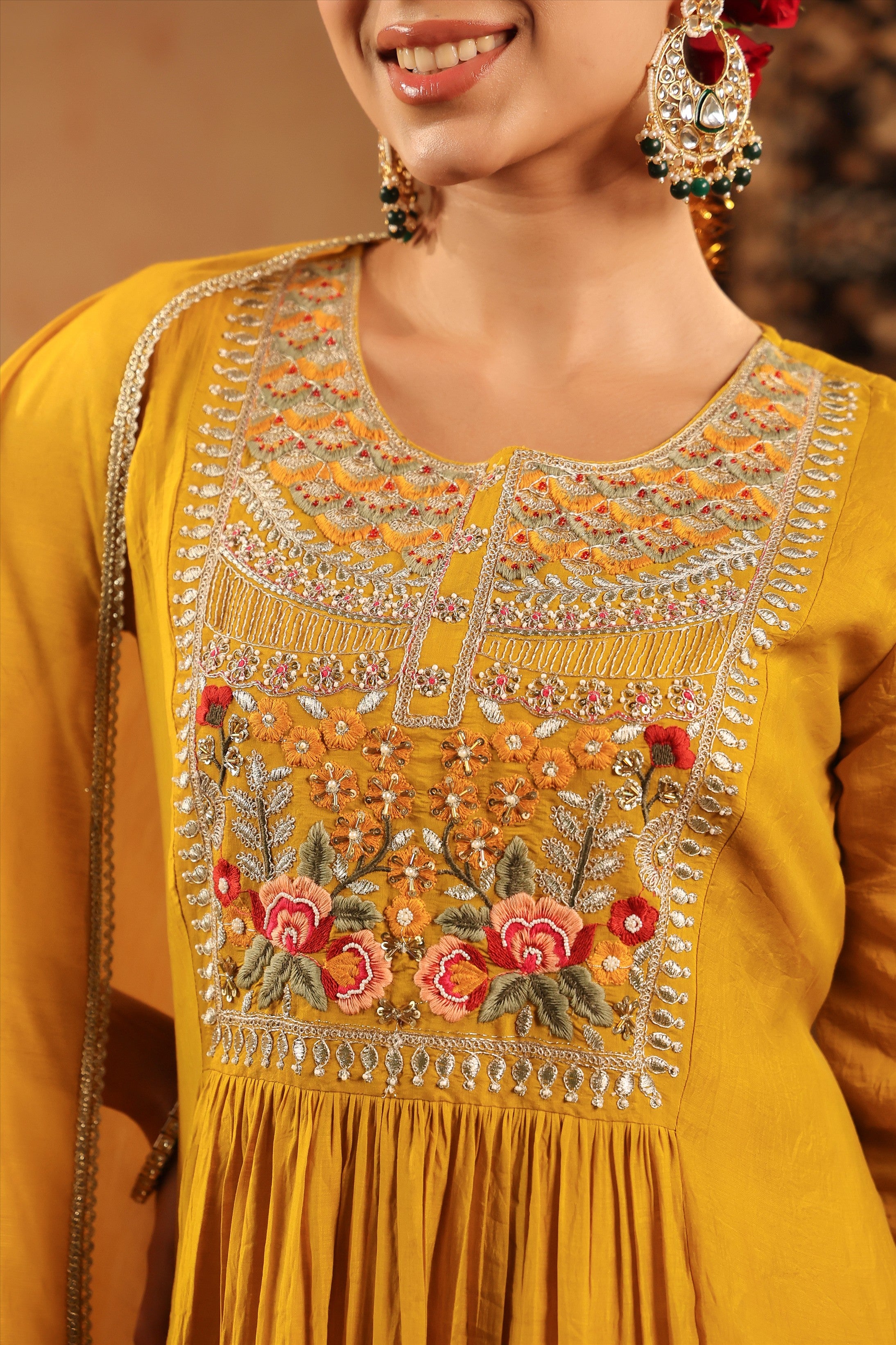 Mustard Mul Chanderi Embroidered - Handwork Anarkali Suit Set