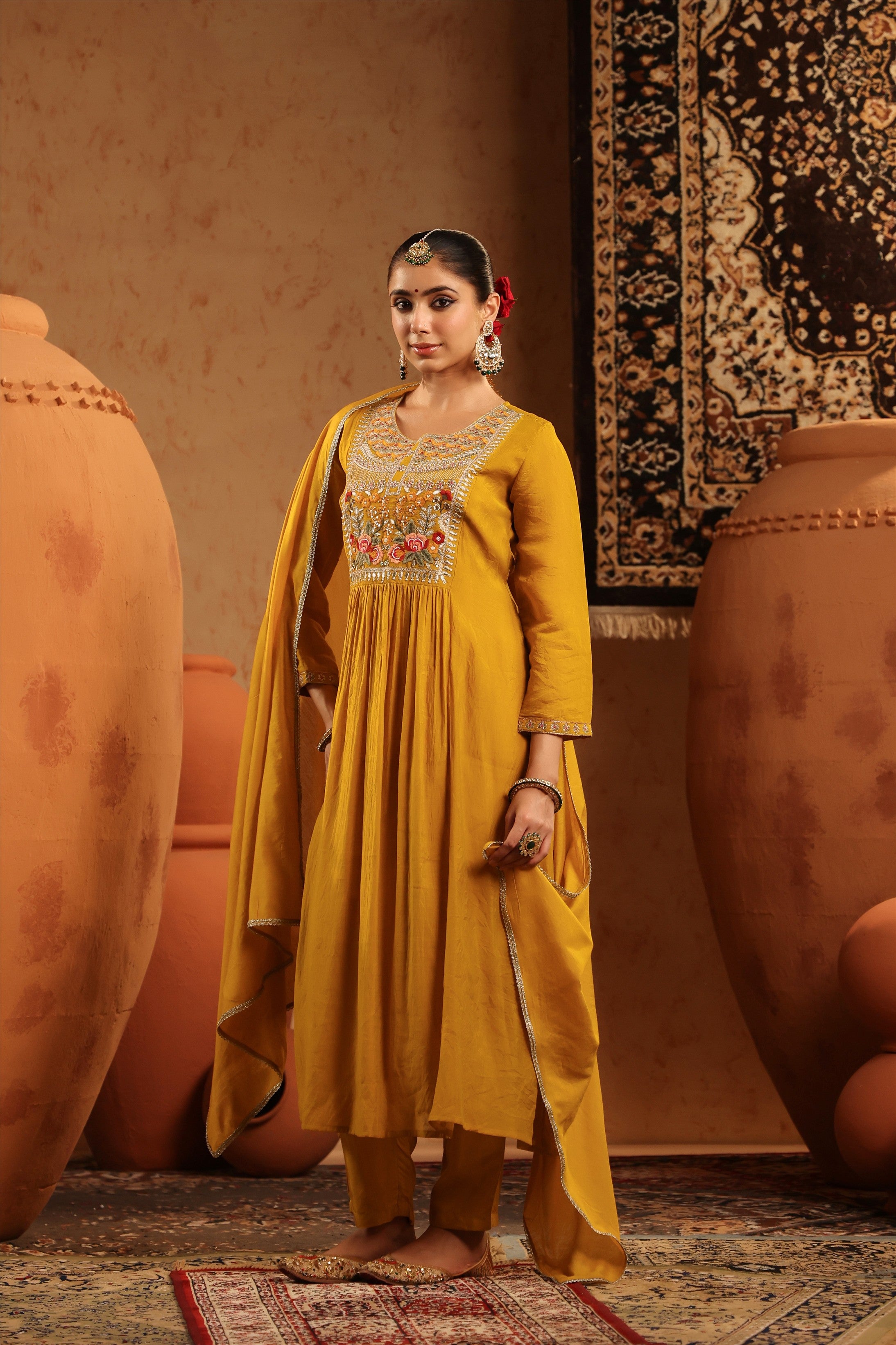 Mustard Mul Chanderi Embroidered - Handwork Anarkali Suit Set