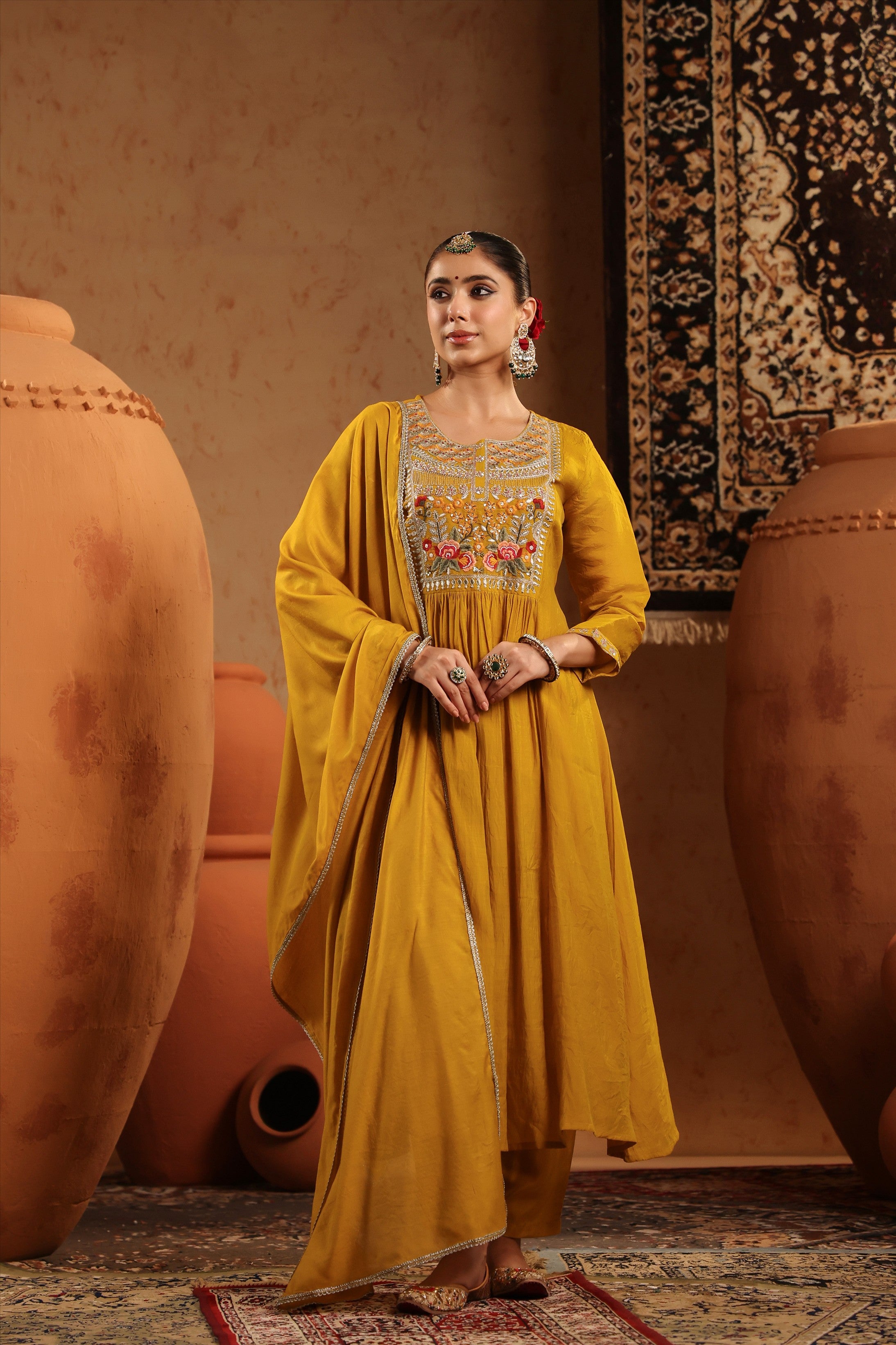 Mustard Mul Chanderi Embroidered - Handwork Anarkali Suit Set
