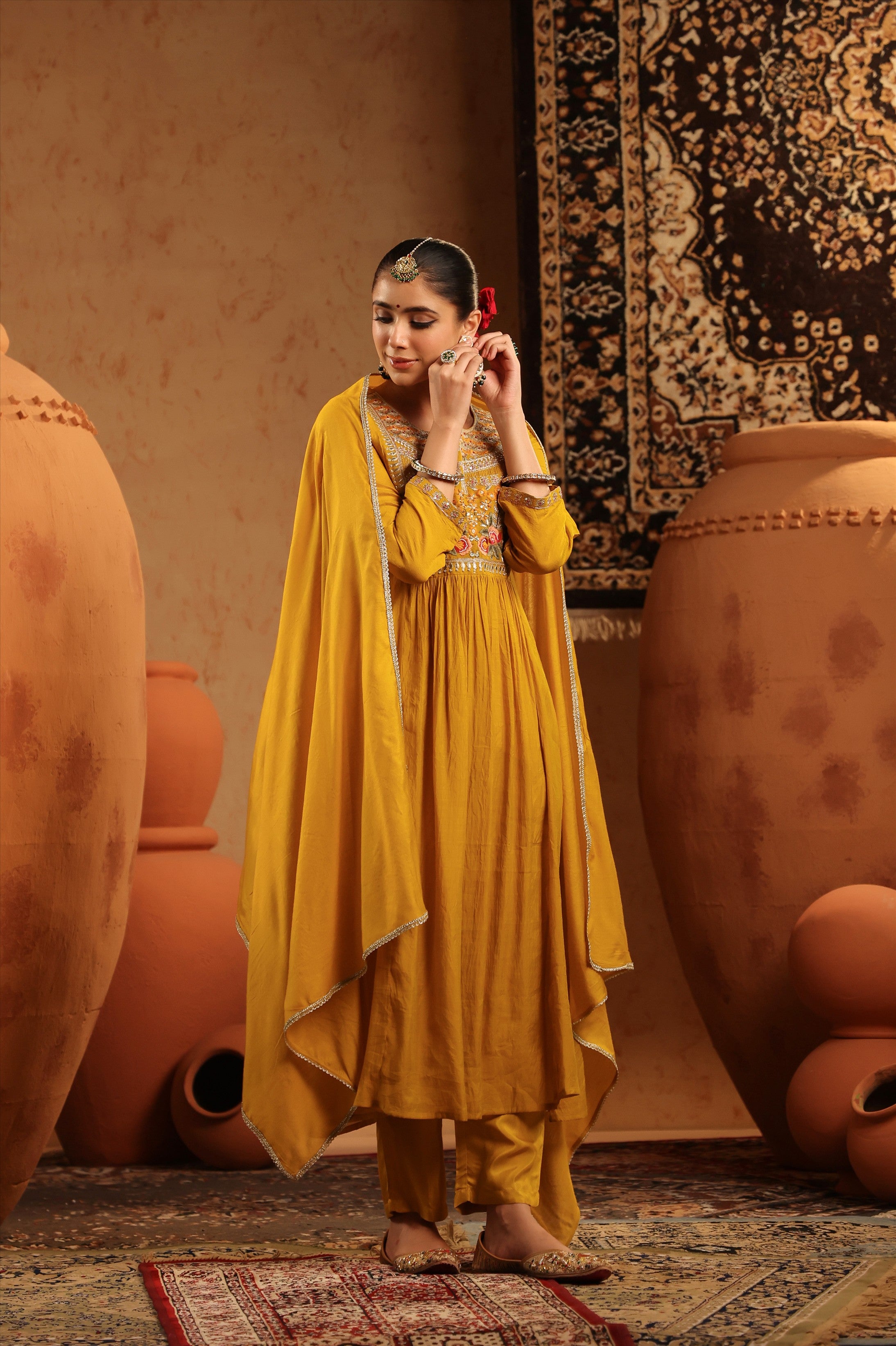 Mustard Mul Chanderi Embroidered - Handwork Anarkali Suit Set