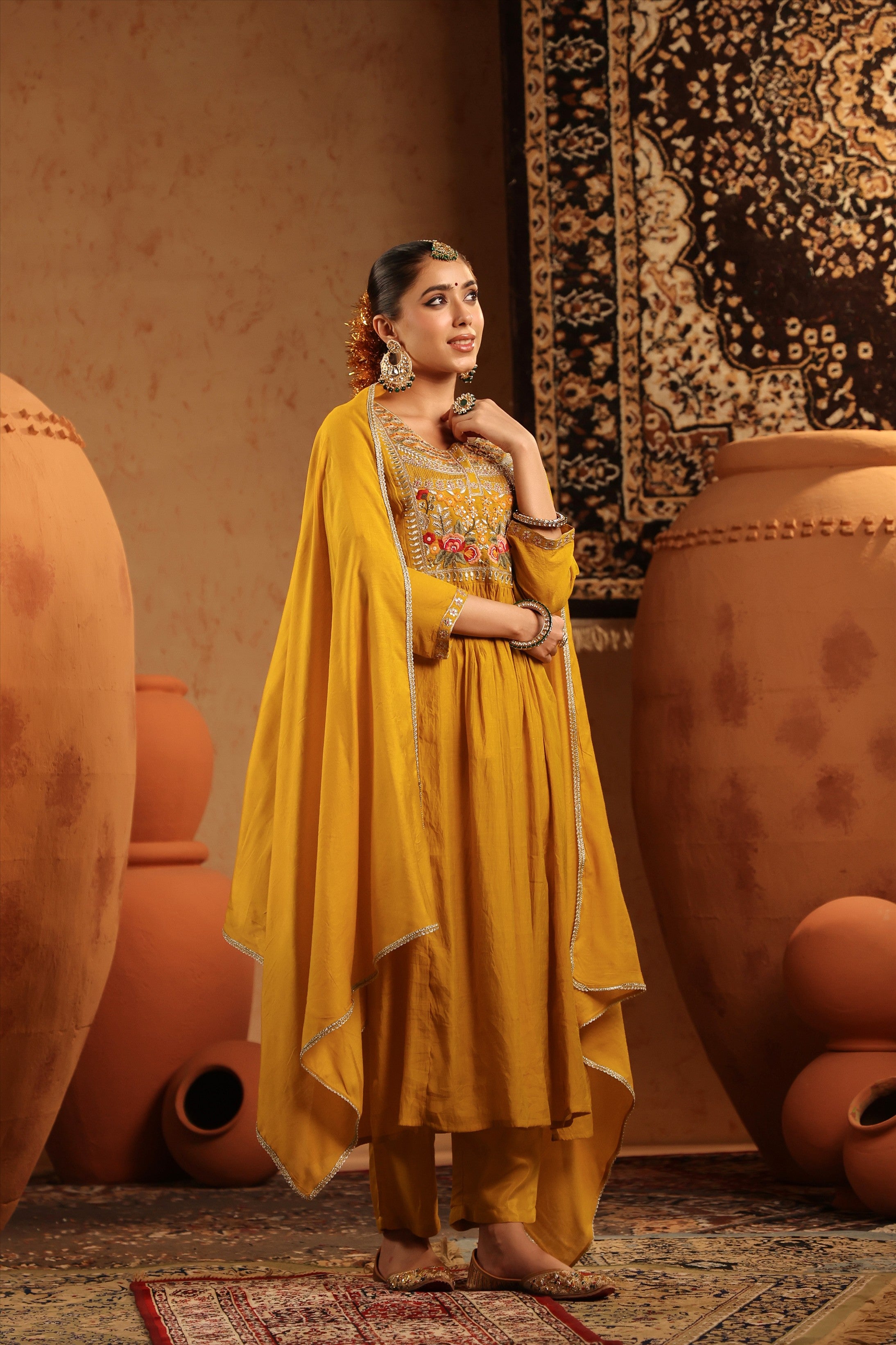 Mustard Mul Chanderi Embroidered - Handwork Anarkali Suit Set