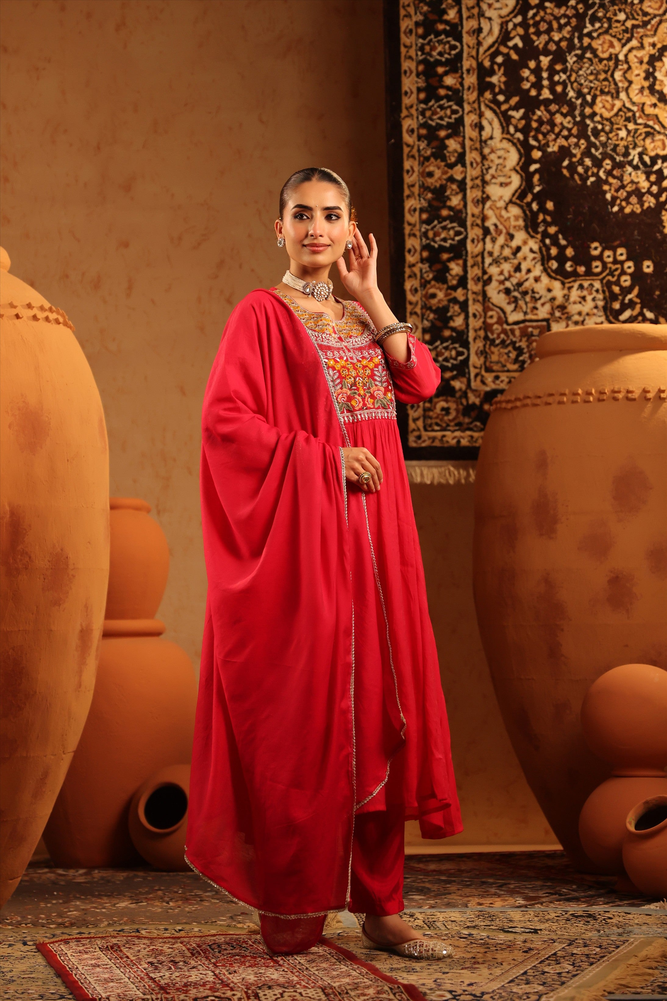 Red Mul Chanderi Embroidered - Handwork Anarkali Suit Set