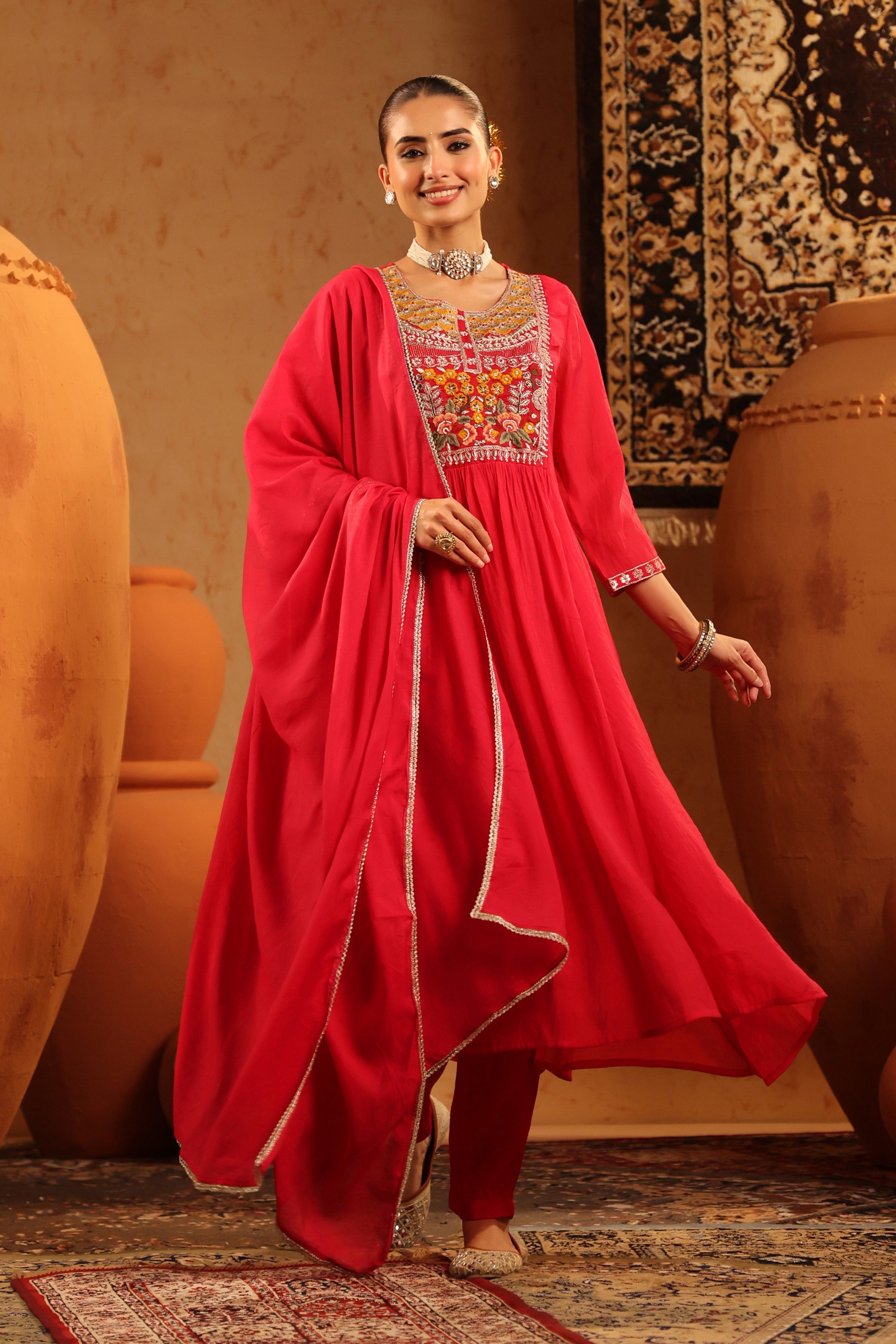 Red Mul Chanderi Embroidered - Handwork Anarkali Suit Set