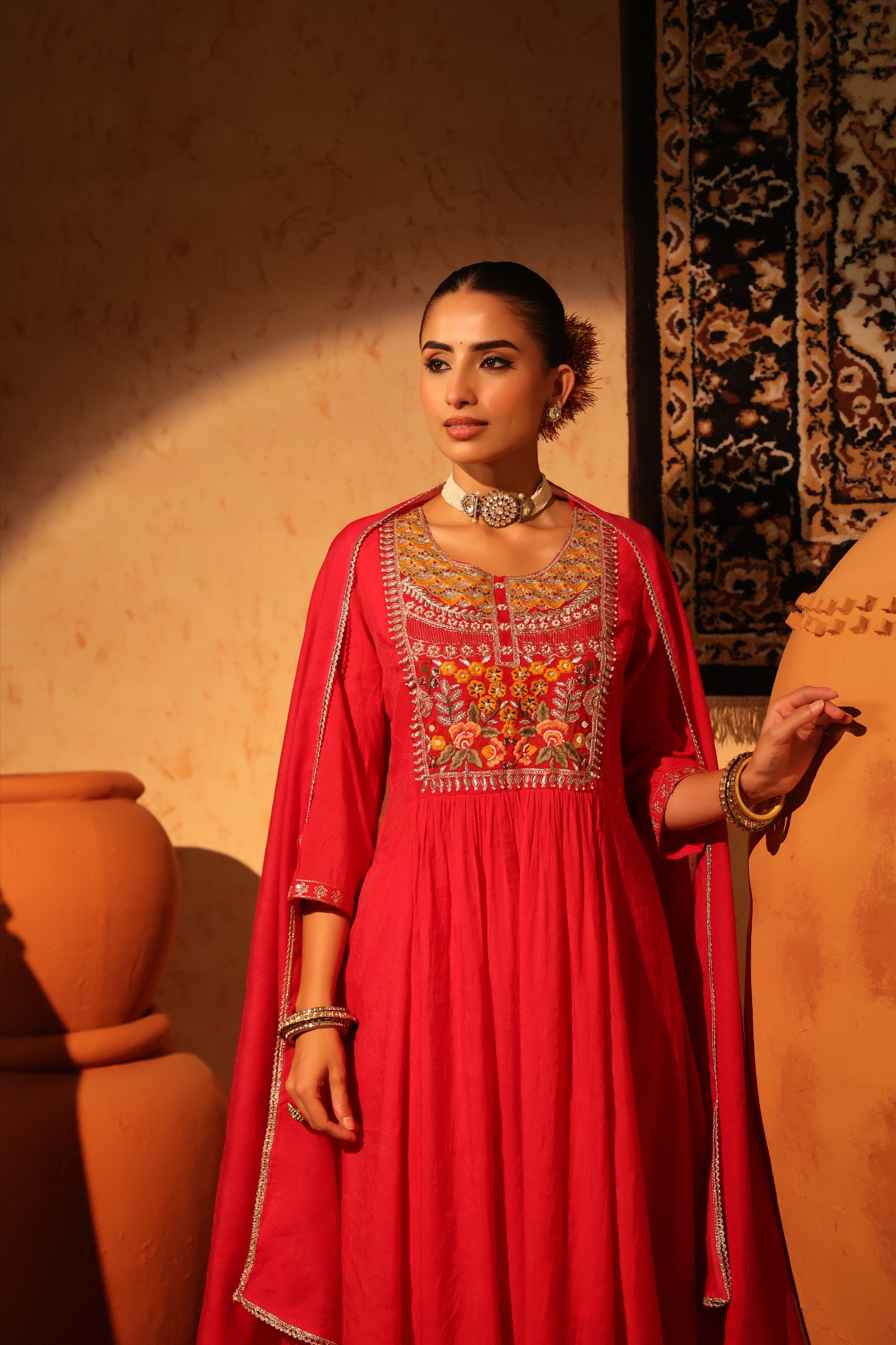 Red Mul Chanderi Embroidered - Handwork Anarkali Suit Set