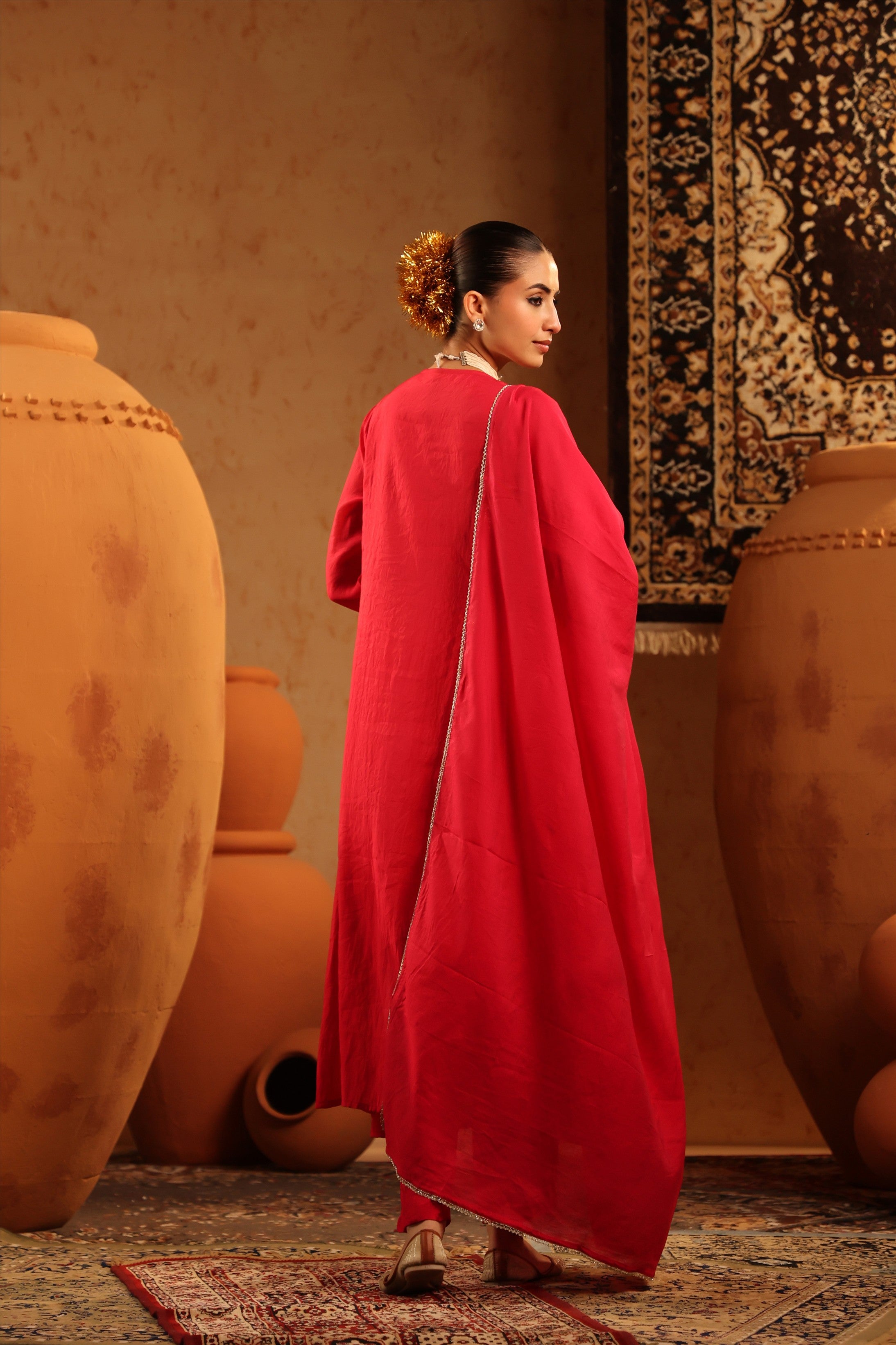 Red Mul Chanderi Embroidered - Handwork Anarkali Suit Set