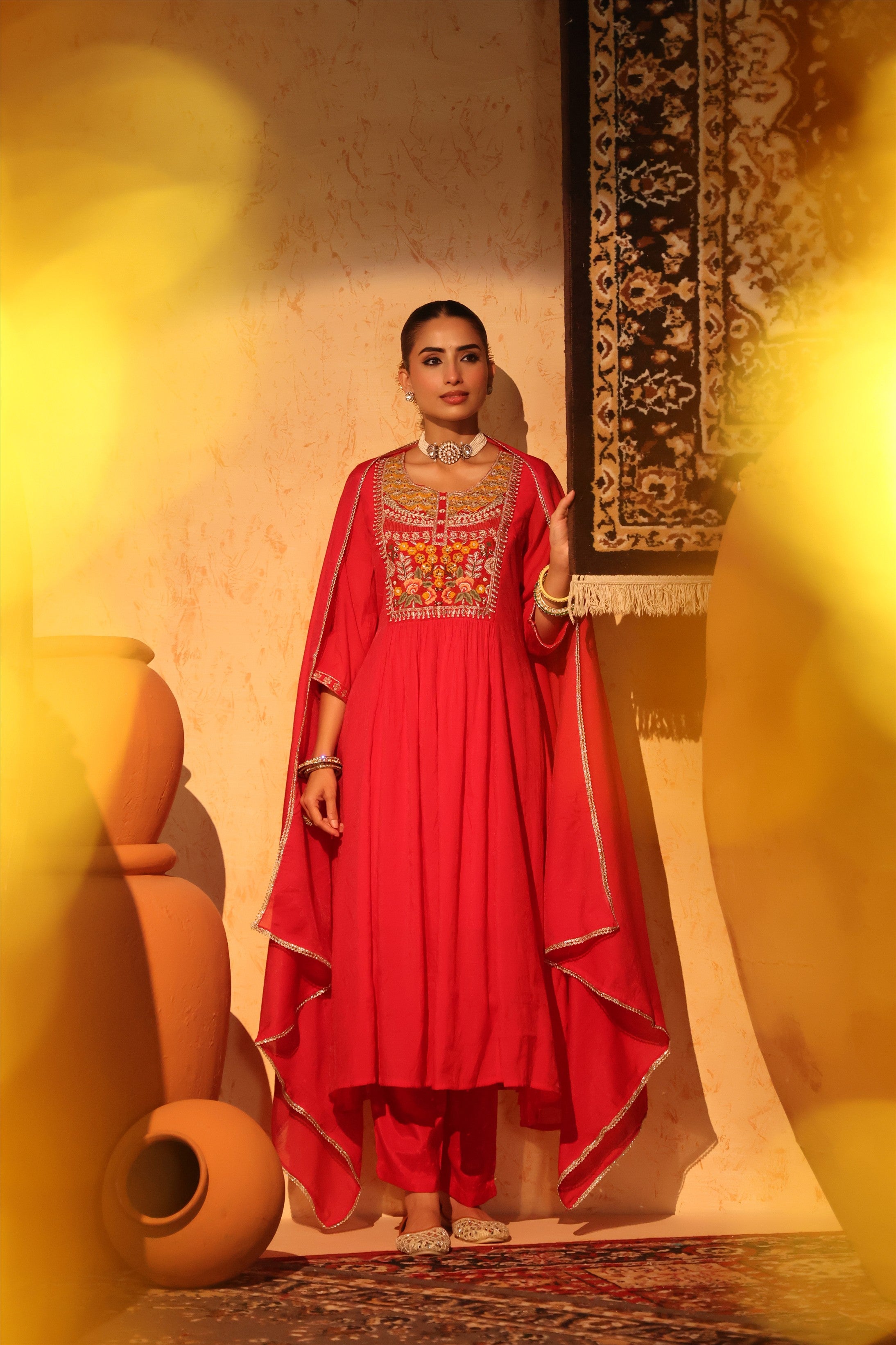 Red Mul Chanderi Embroidered - Handwork Anarkali Suit Set