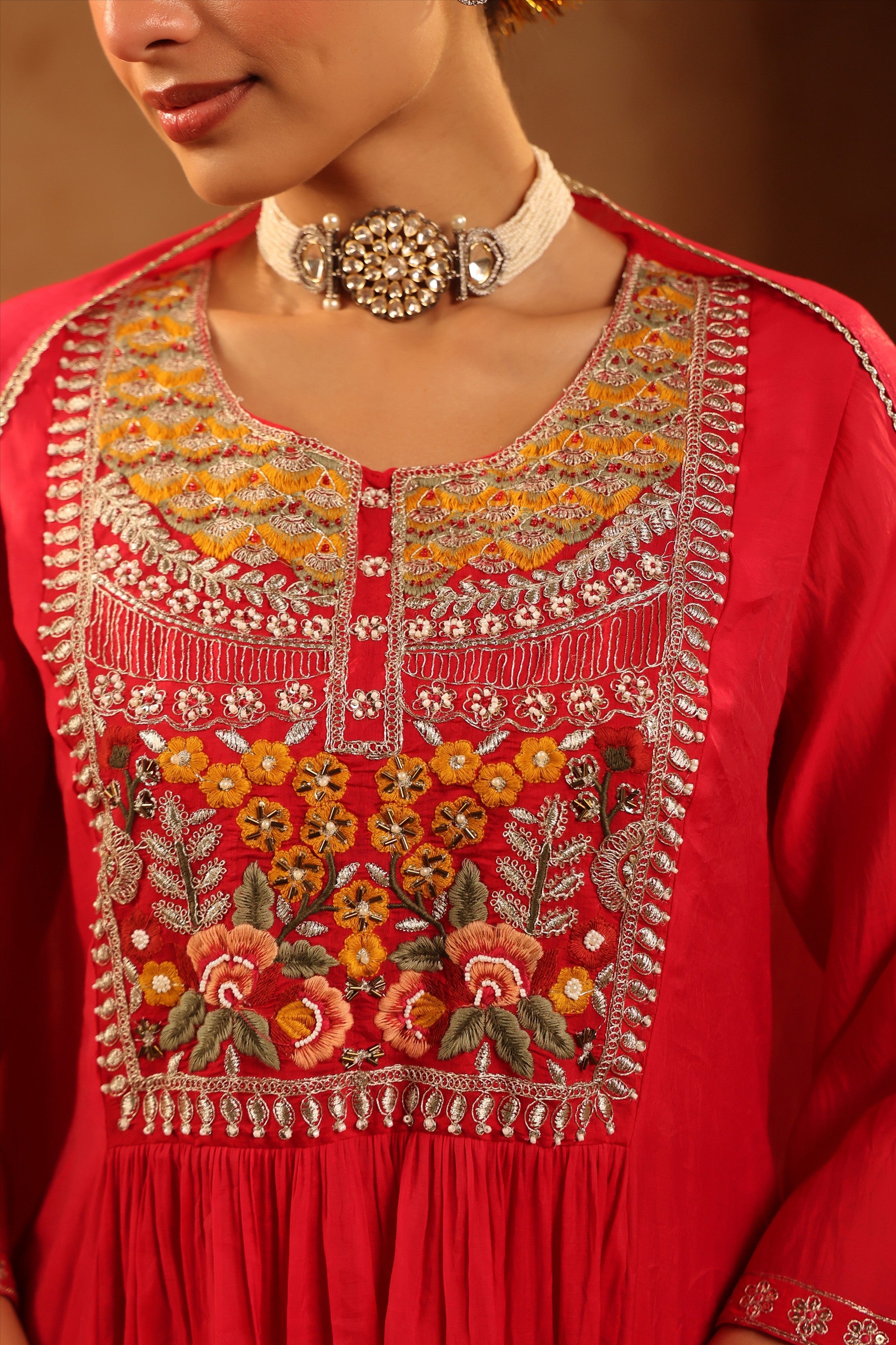 Red Mul Chanderi Embroidered - Handwork Anarkali Suit Set