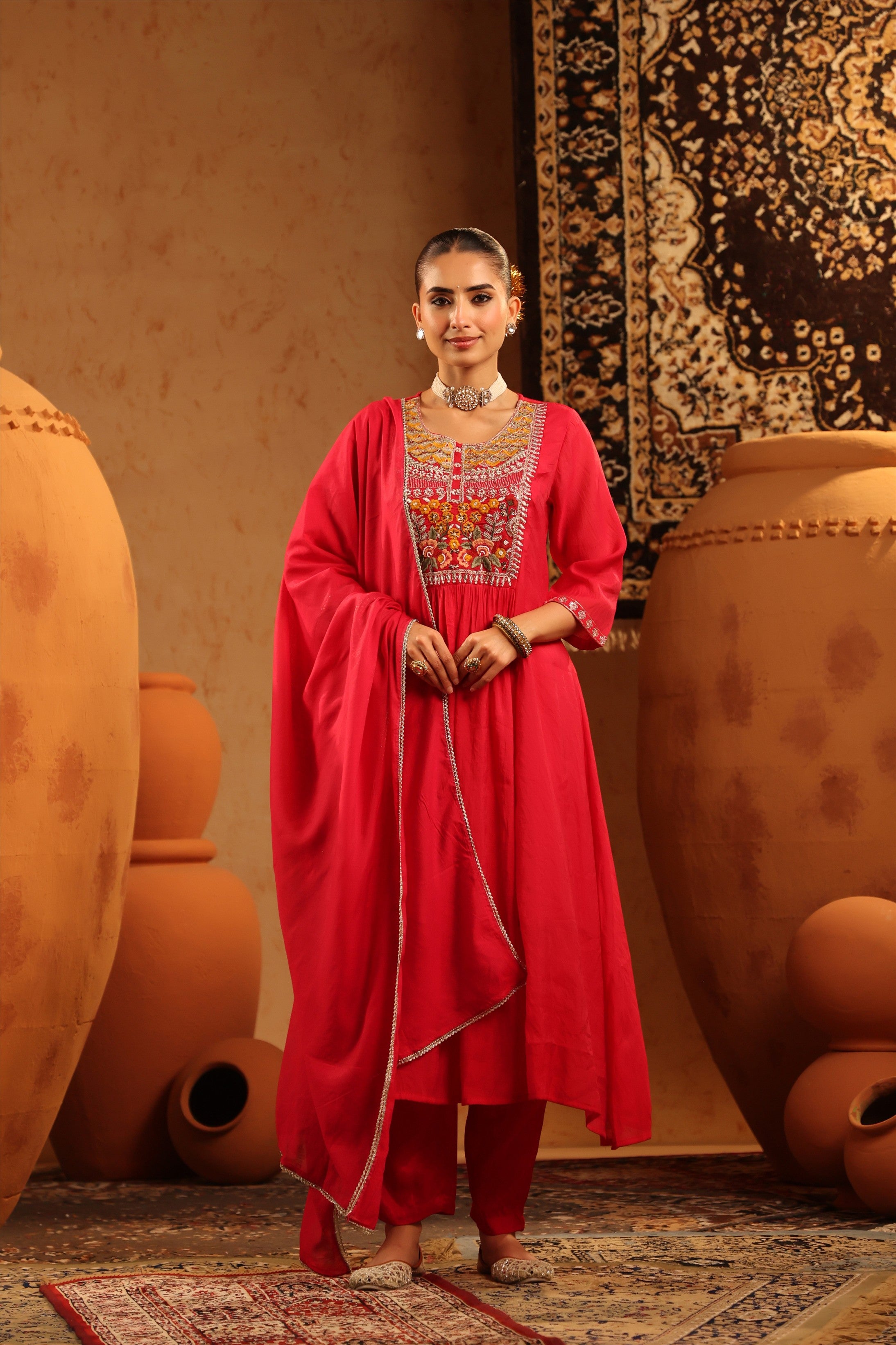 Red Mul Chanderi Embroidered - Handwork Anarkali Suit Set