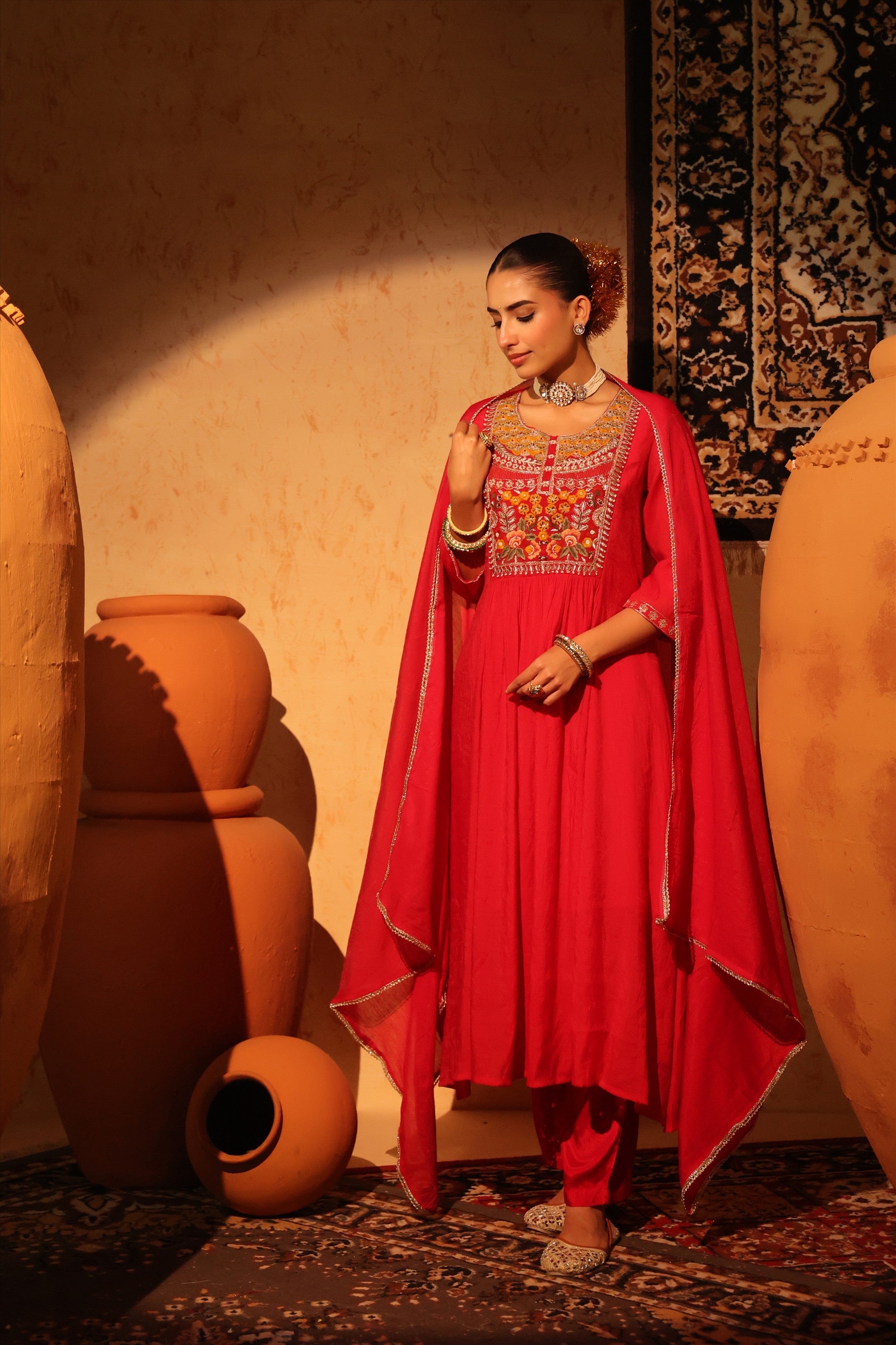 Red Mul Chanderi Embroidered - Handwork Anarkali Suit Set