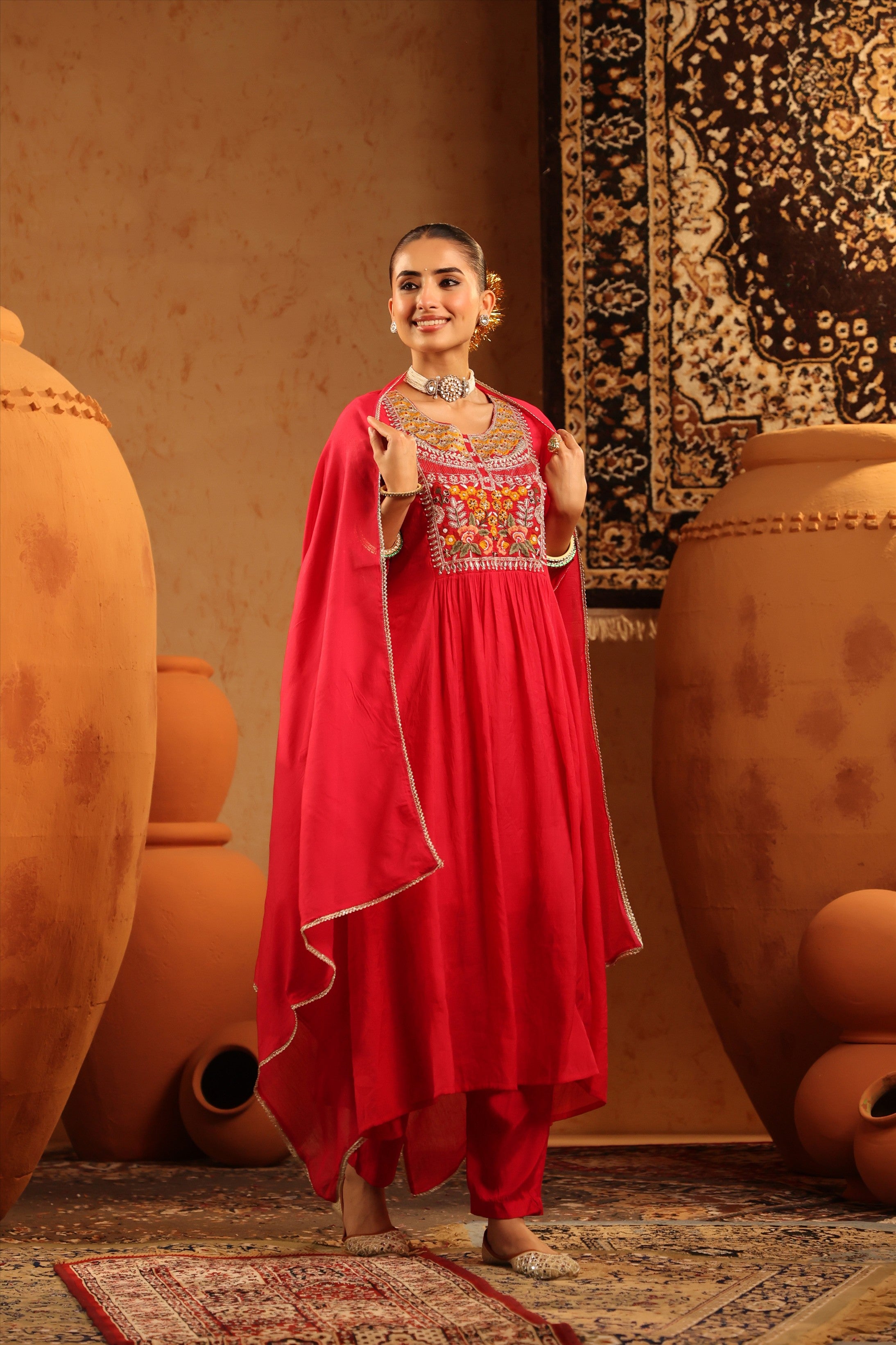 Red Mul Chanderi Embroidered - Handwork Anarkali Suit Set