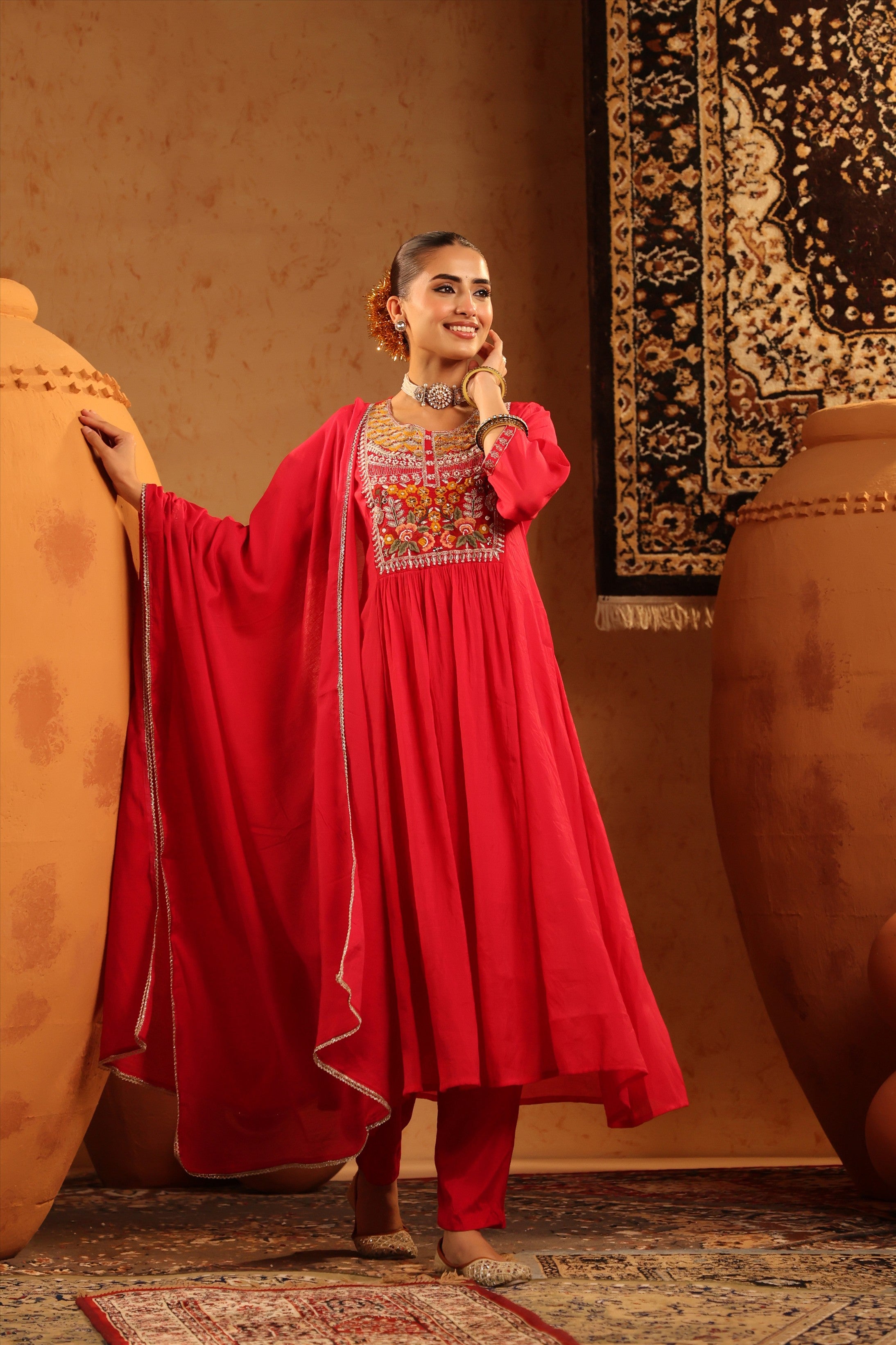 Red Mul Chanderi Embroidered - Handwork Anarkali Suit Set