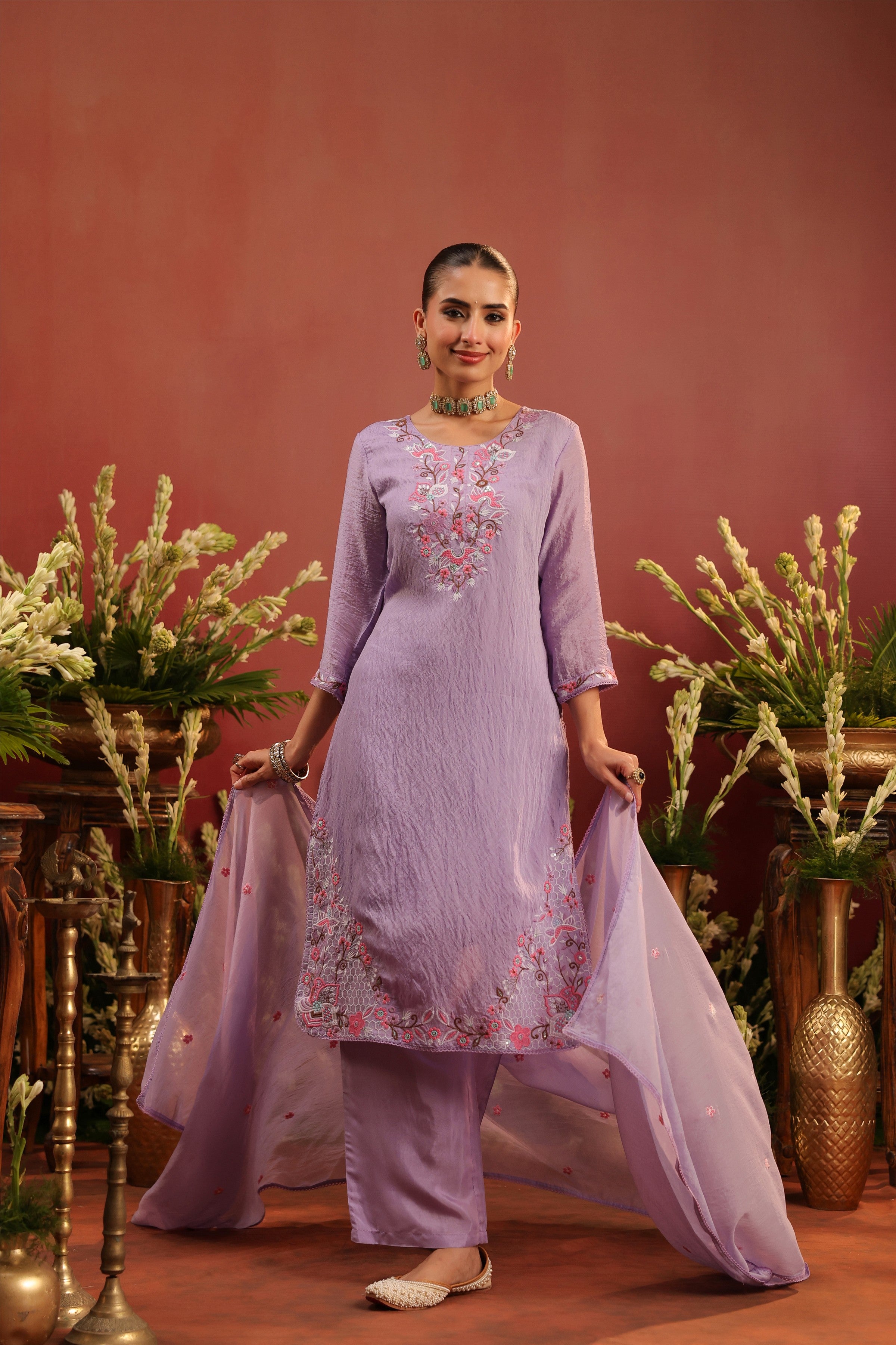 Lavender Mul Chanderi Floral Embroidered Straight Suit Set