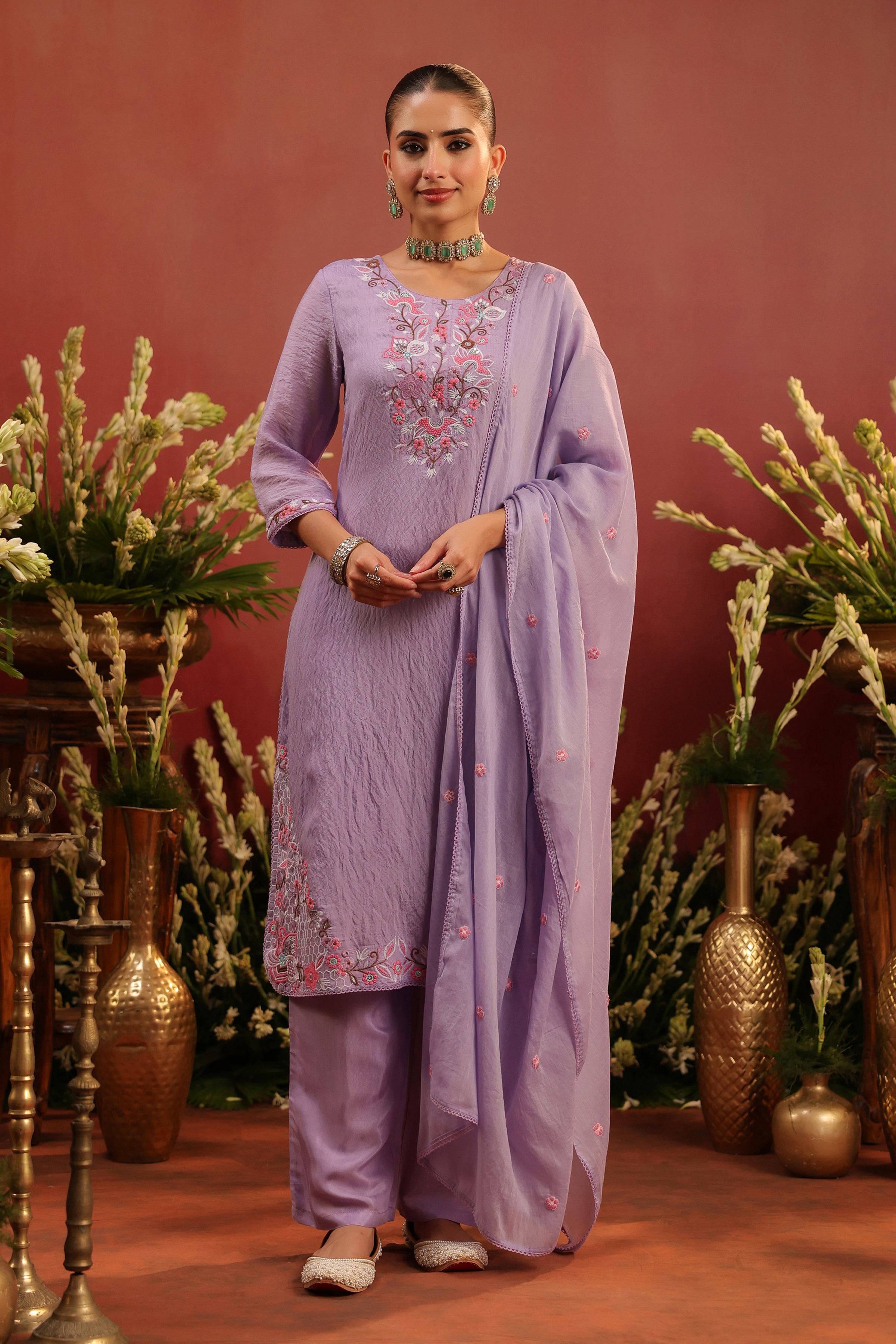 Lavender Mul Chanderi Floral Embroidered Straight Suit Set