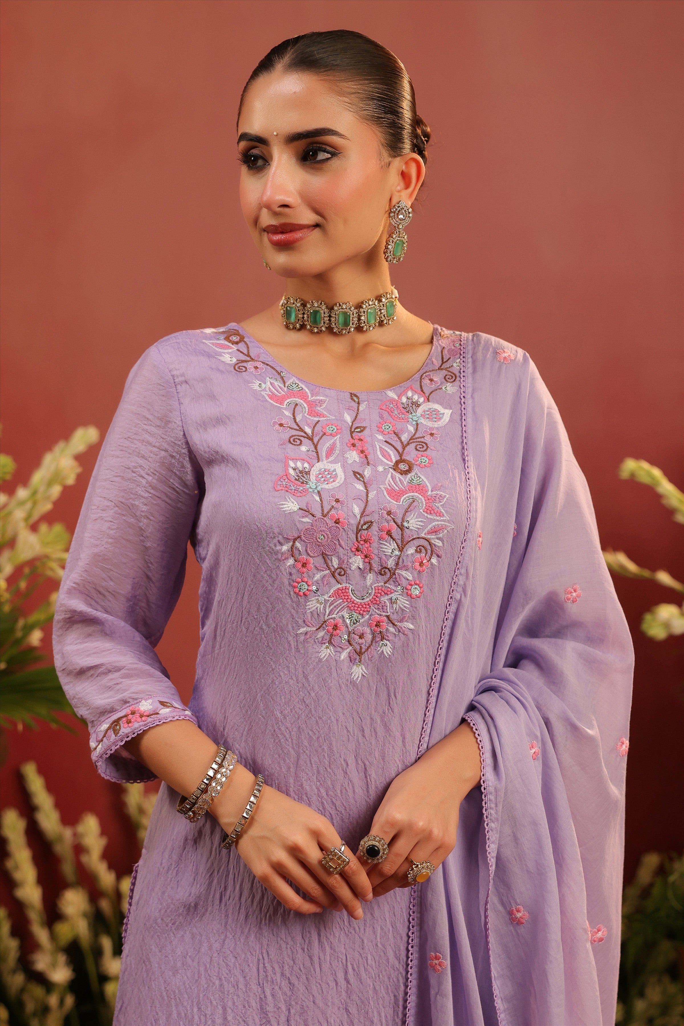 Lavender Mul Chanderi Floral Embroidered Straight Suit Set