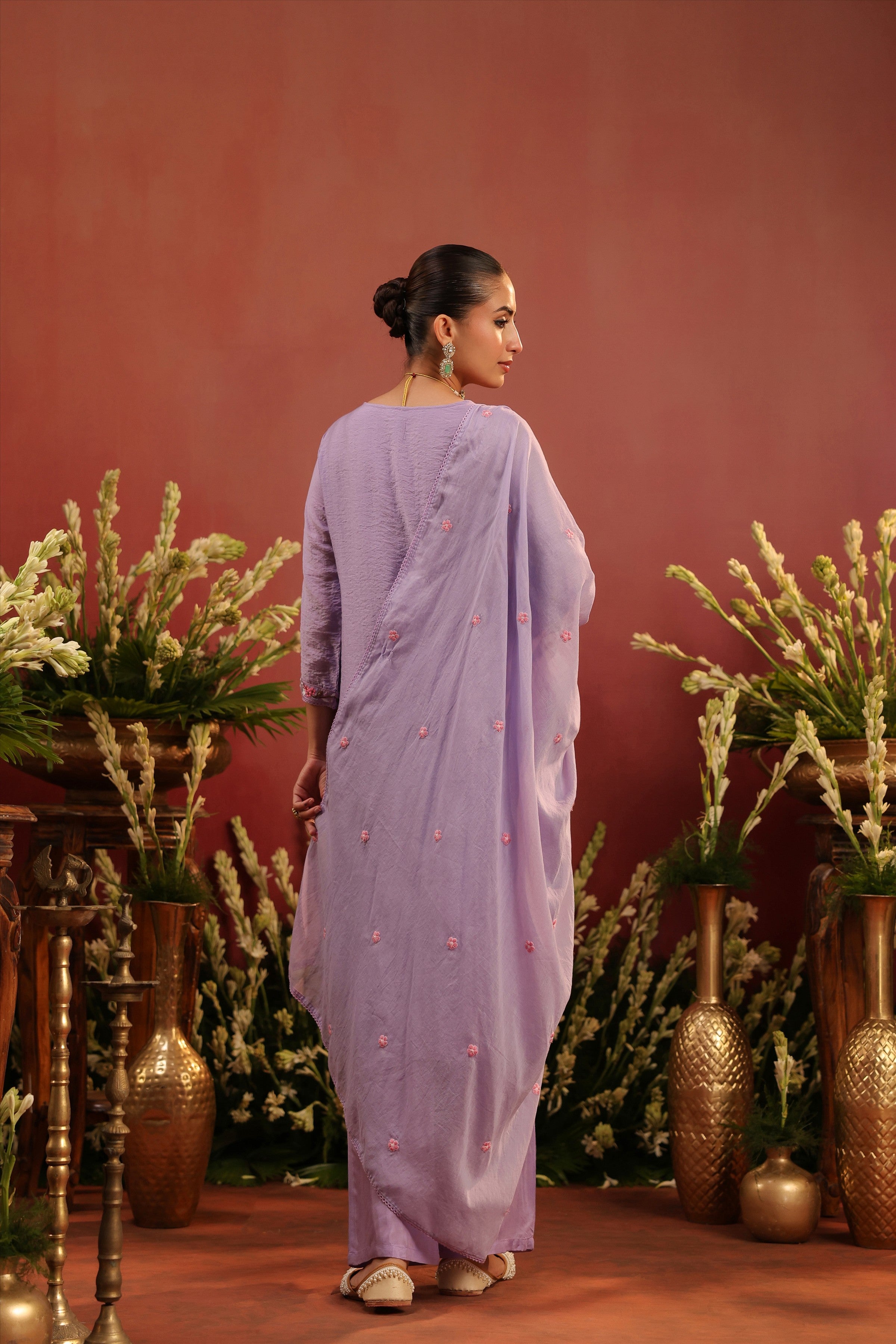 Lavender Mul Chanderi Floral Embroidered Straight Suit Set