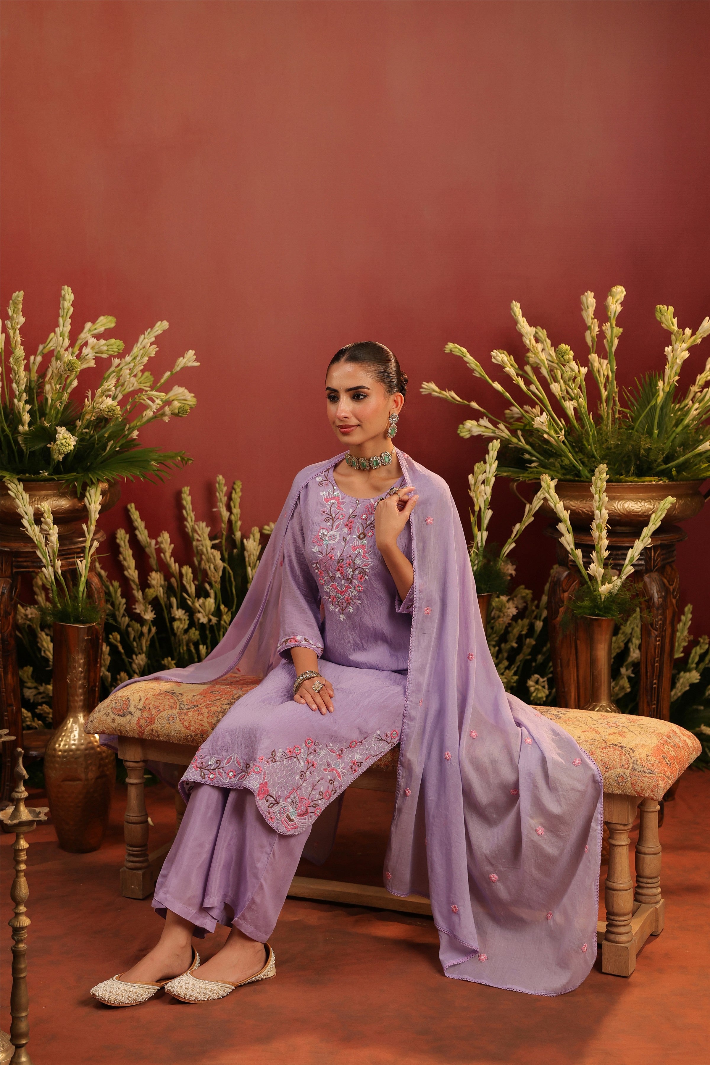 Lavender Mul Chanderi Floral Embroidered Straight Suit Set