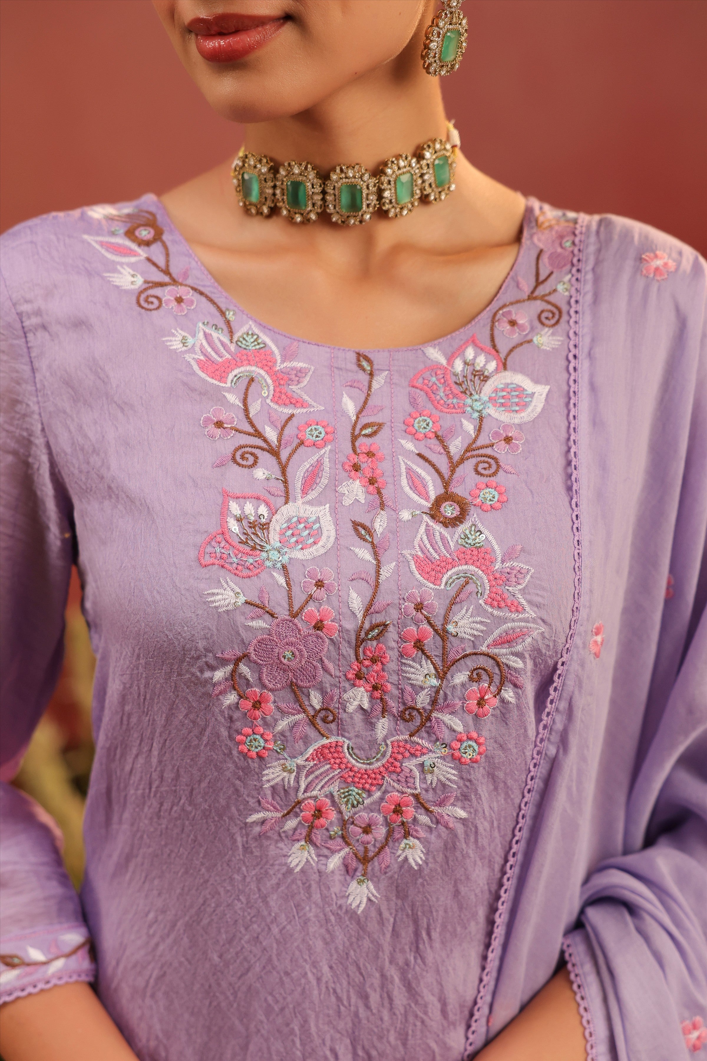 Lavender Mul Chanderi Floral Embroidered Straight Suit Set