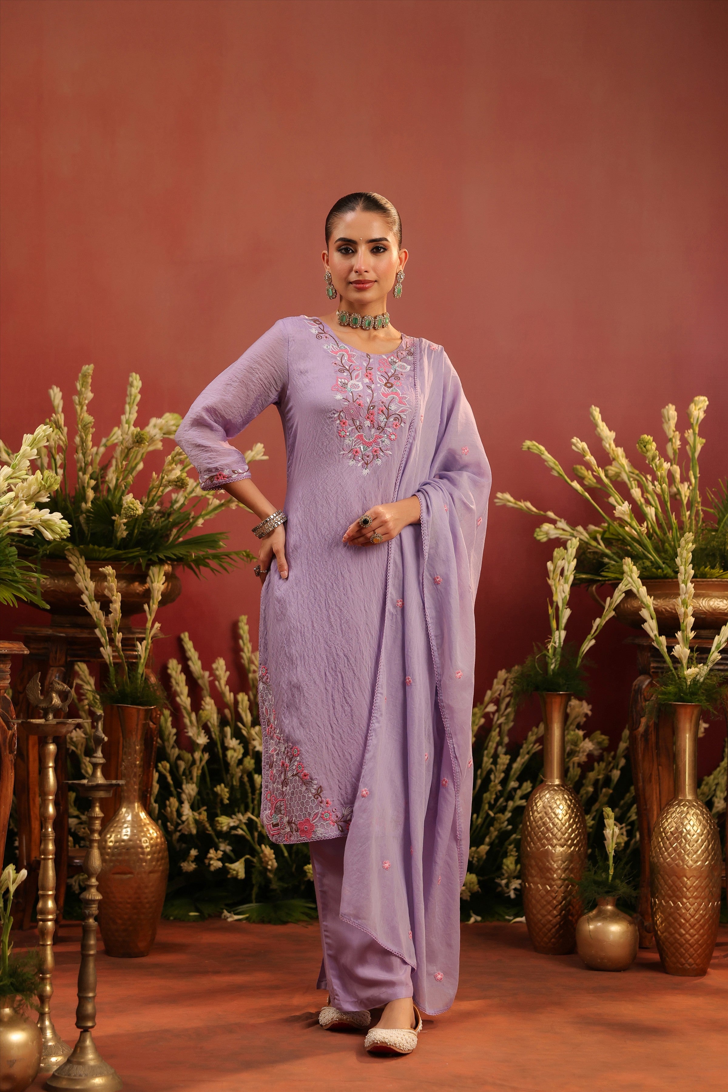 Lavender Mul Chanderi Floral Embroidered Straight Suit Set