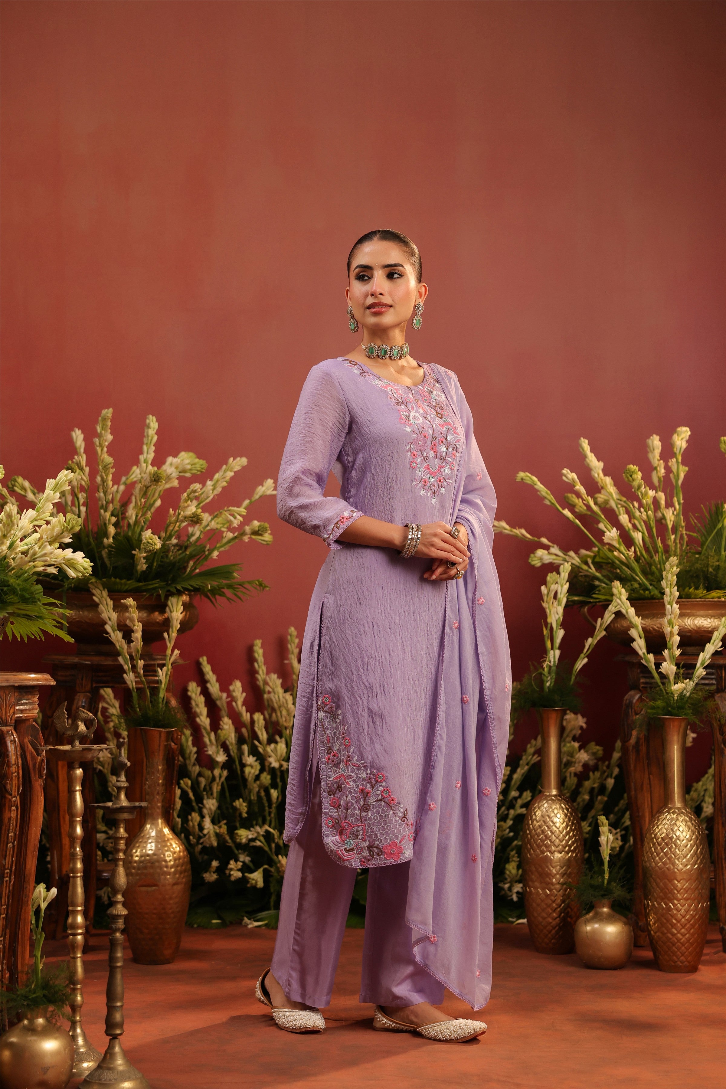 Lavender Mul Chanderi Floral Embroidered Straight Suit Set
