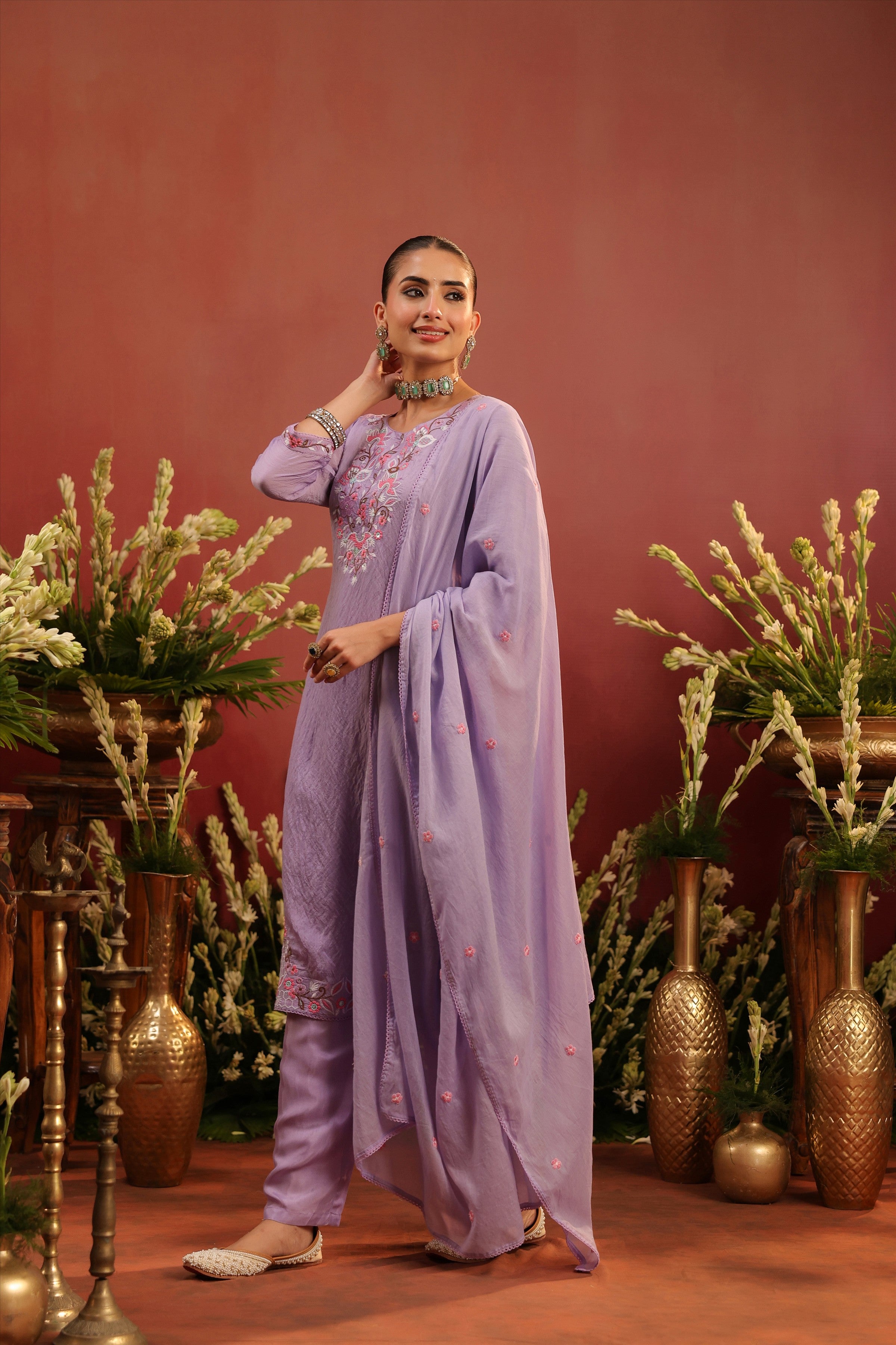 Lavender Mul Chanderi Floral Embroidered Straight Suit Set