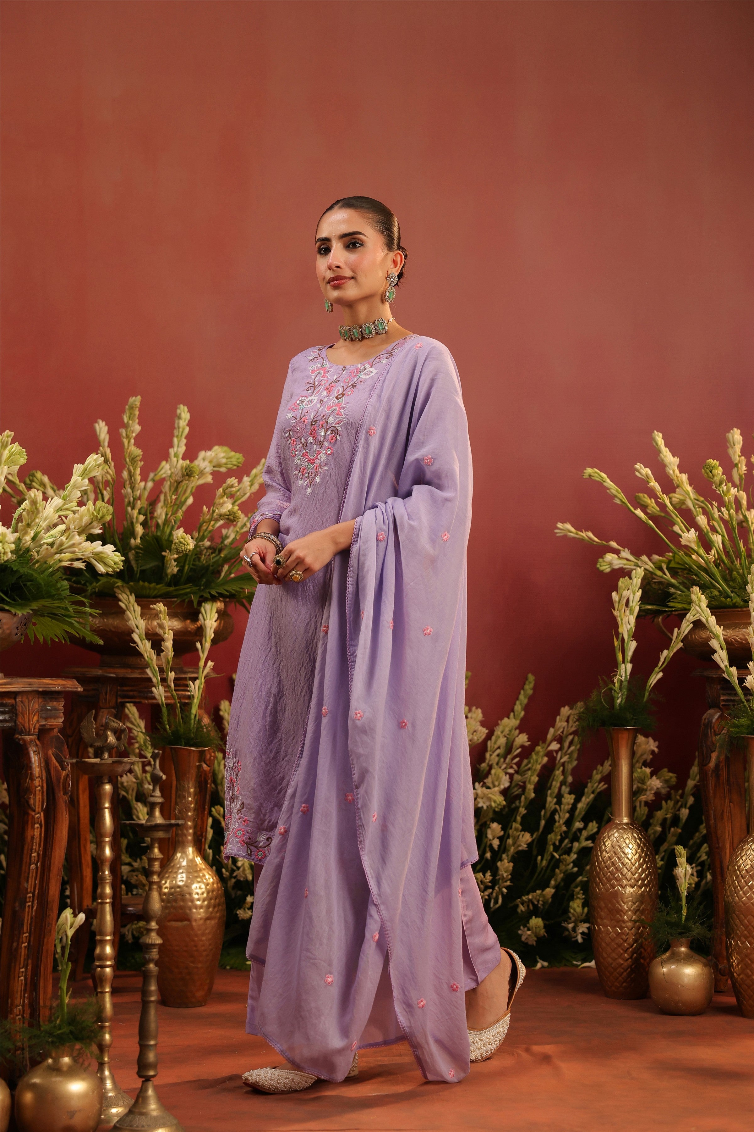 Lavender Mul Chanderi Floral Embroidered Straight Suit Set