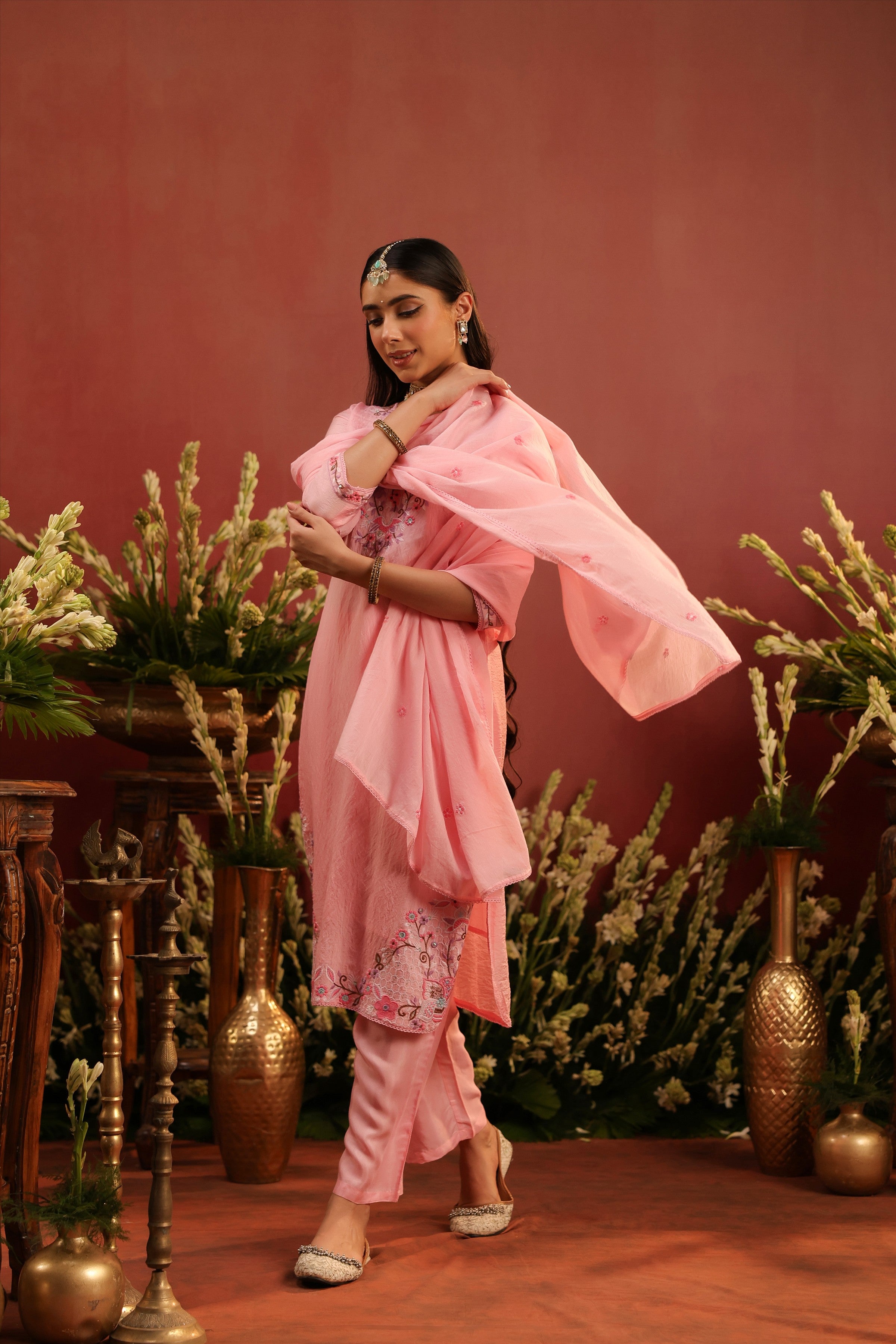 Pink Mul Chanderi Floral Embroidered Straight Suit Set