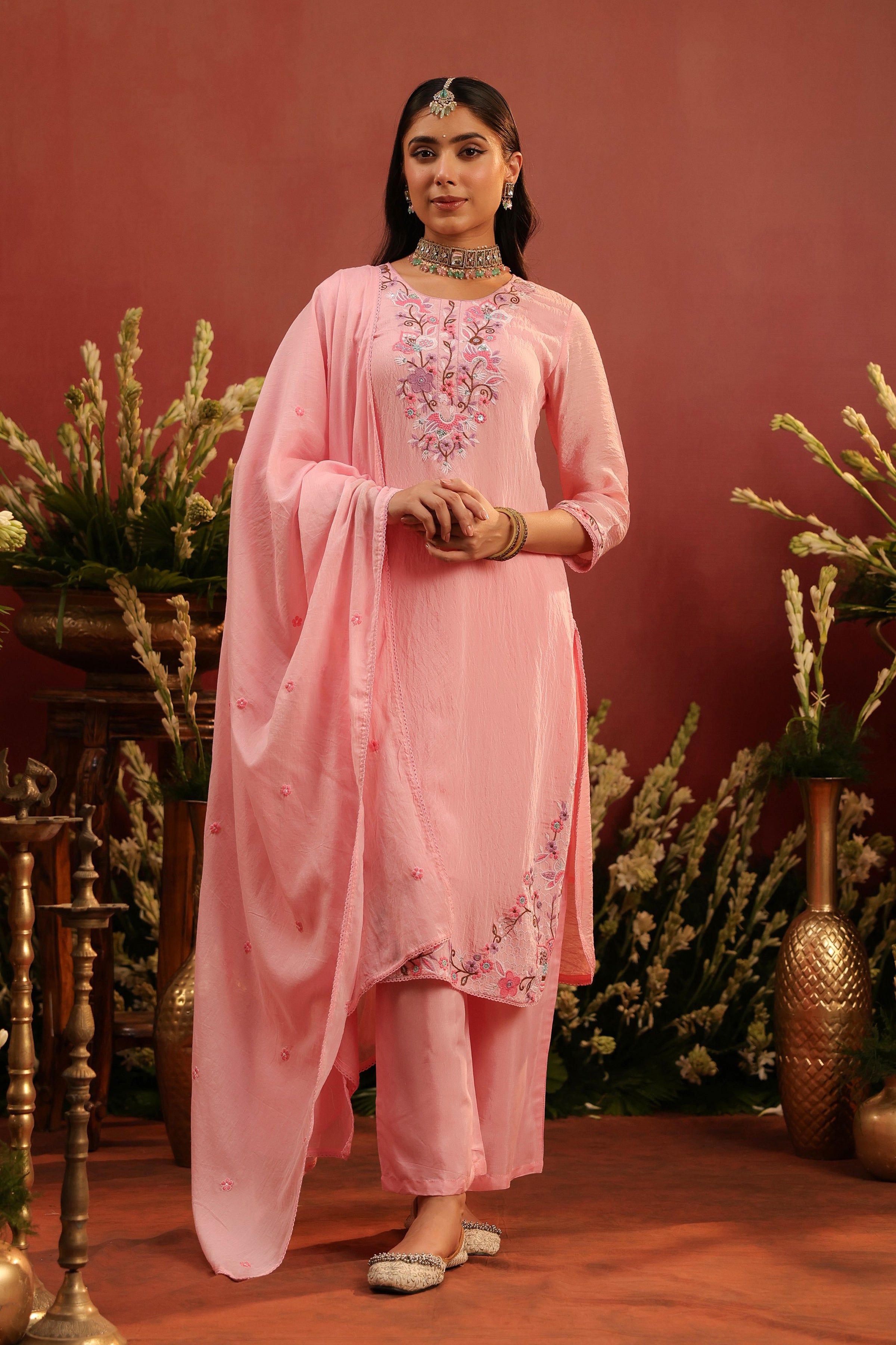 Pink Mul Chanderi Floral Embroidered Straight Suit Set