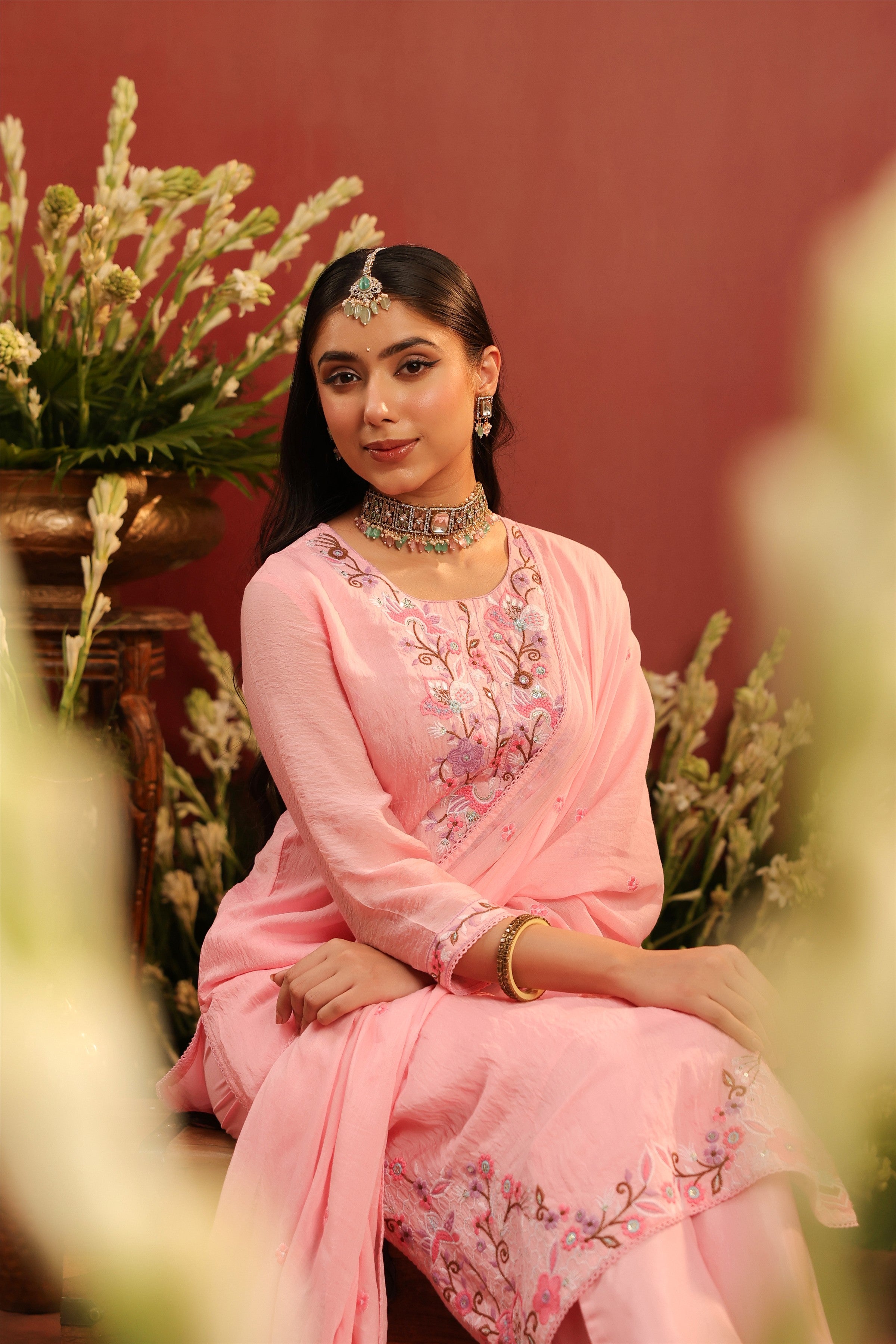 Pink Mul Chanderi Floral Embroidered Straight Suit Set