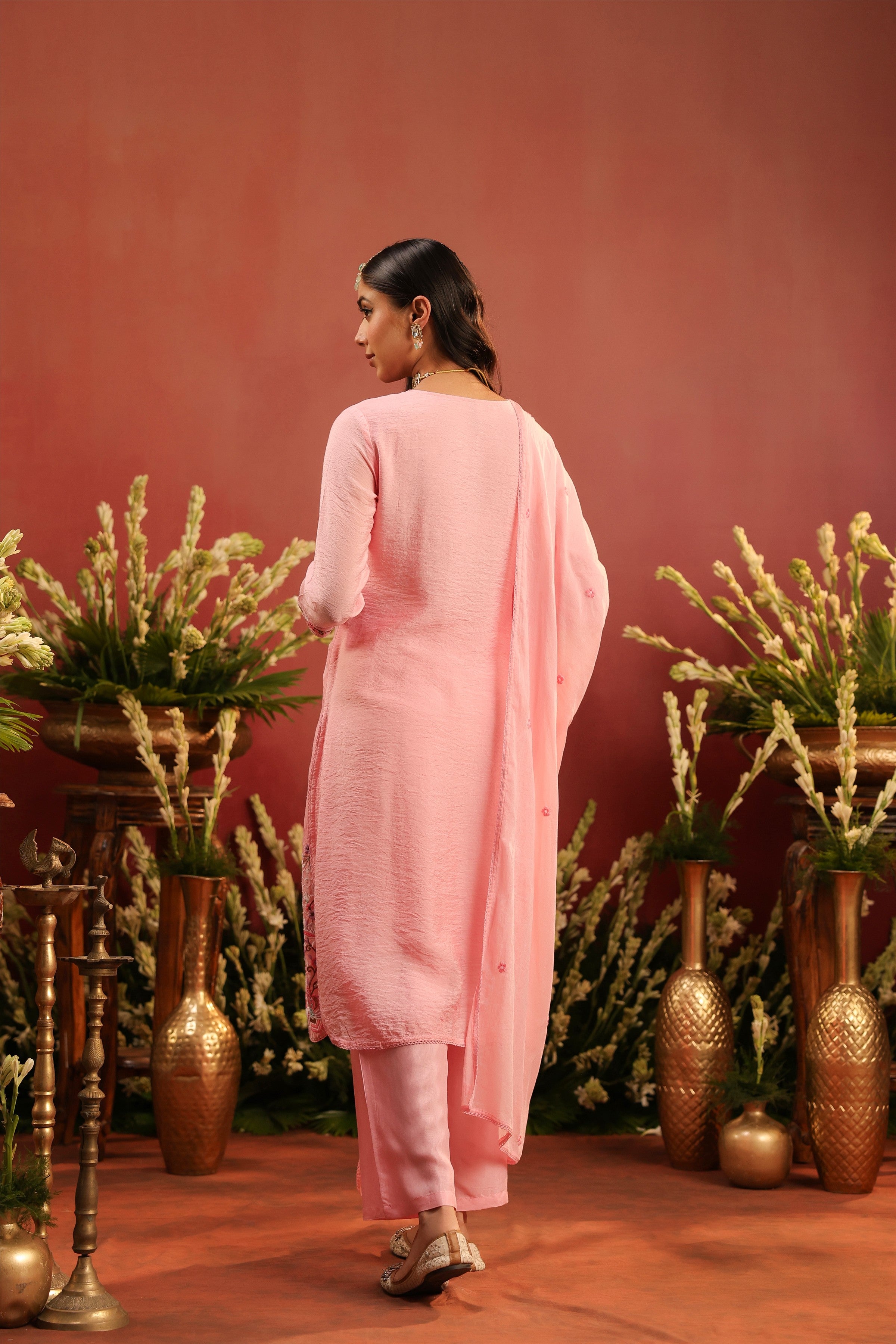 Pink Mul Chanderi Floral Embroidered Straight Suit Set