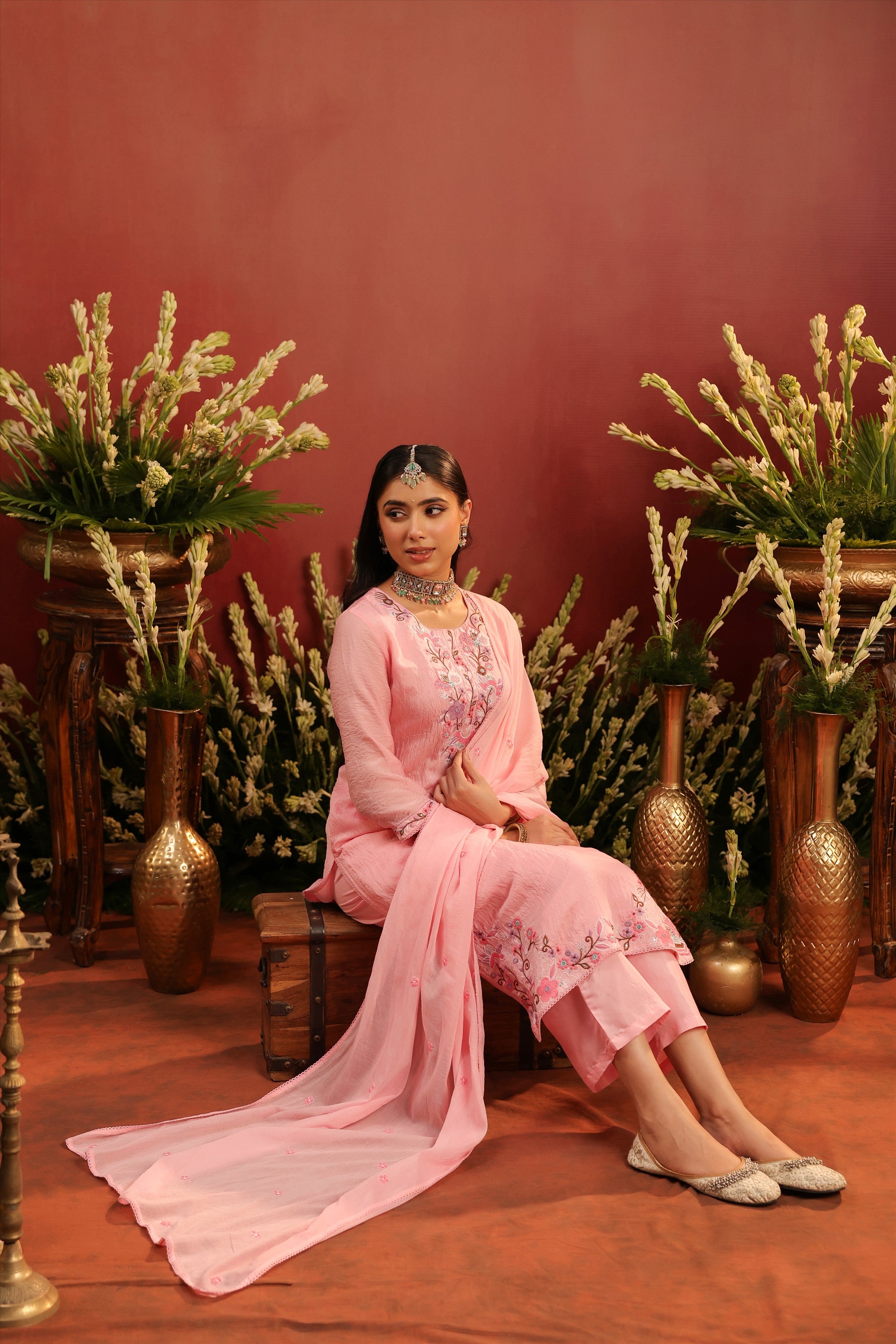 Pink Mul Chanderi Floral Embroidered Straight Suit Set