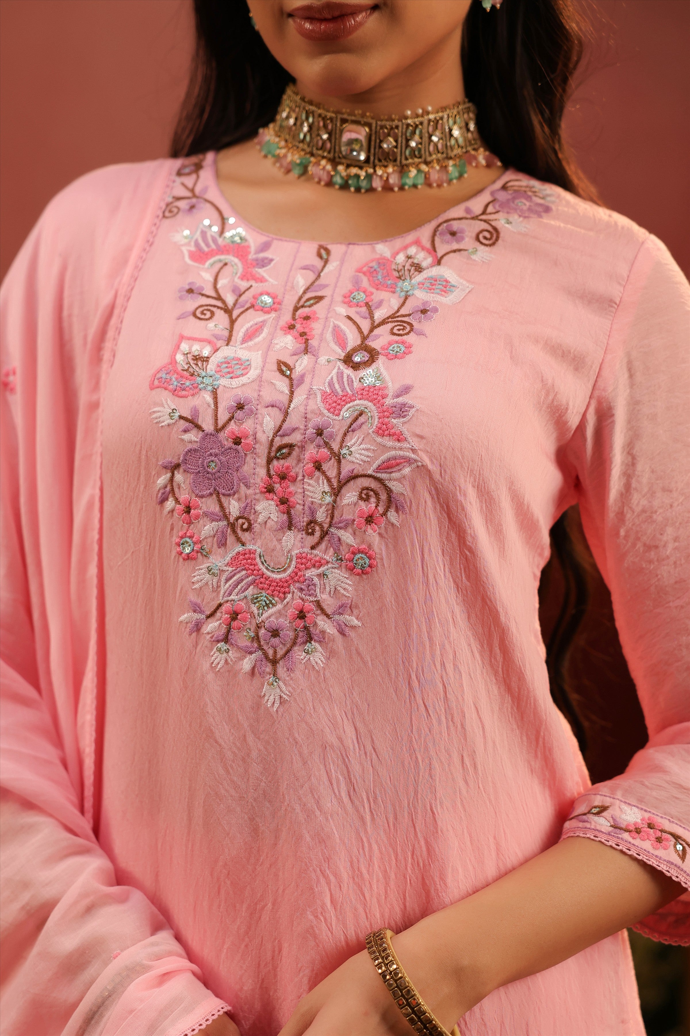 Pink Mul Chanderi Floral Embroidered Straight Suit Set