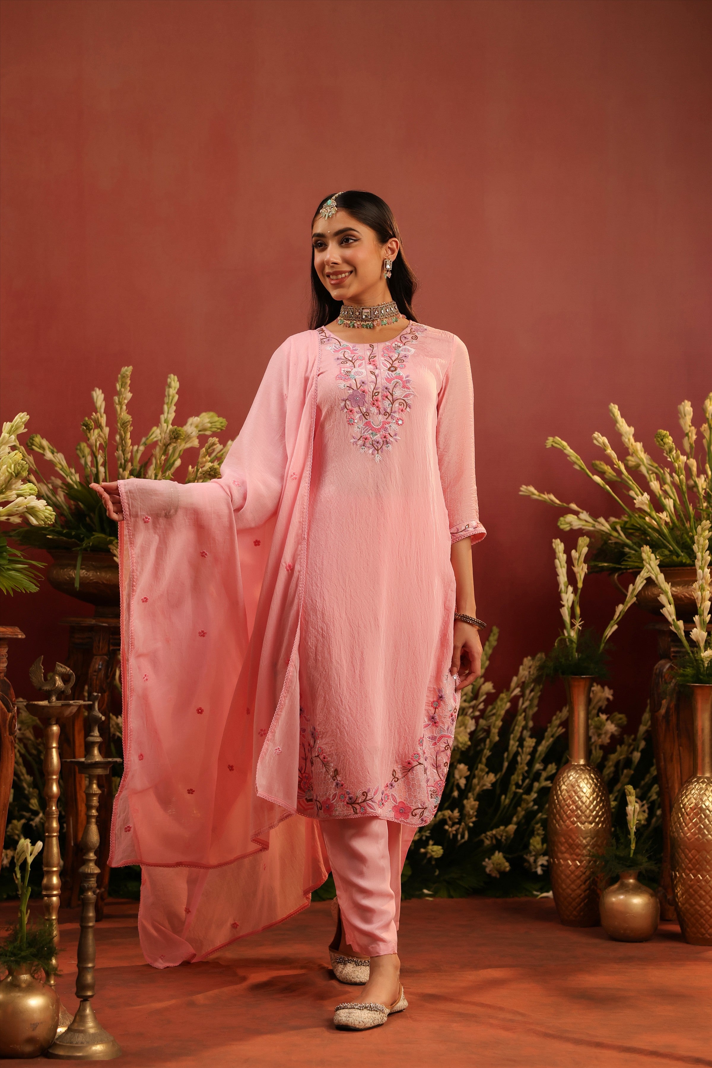 Pink Mul Chanderi Floral Embroidered Straight Suit Set