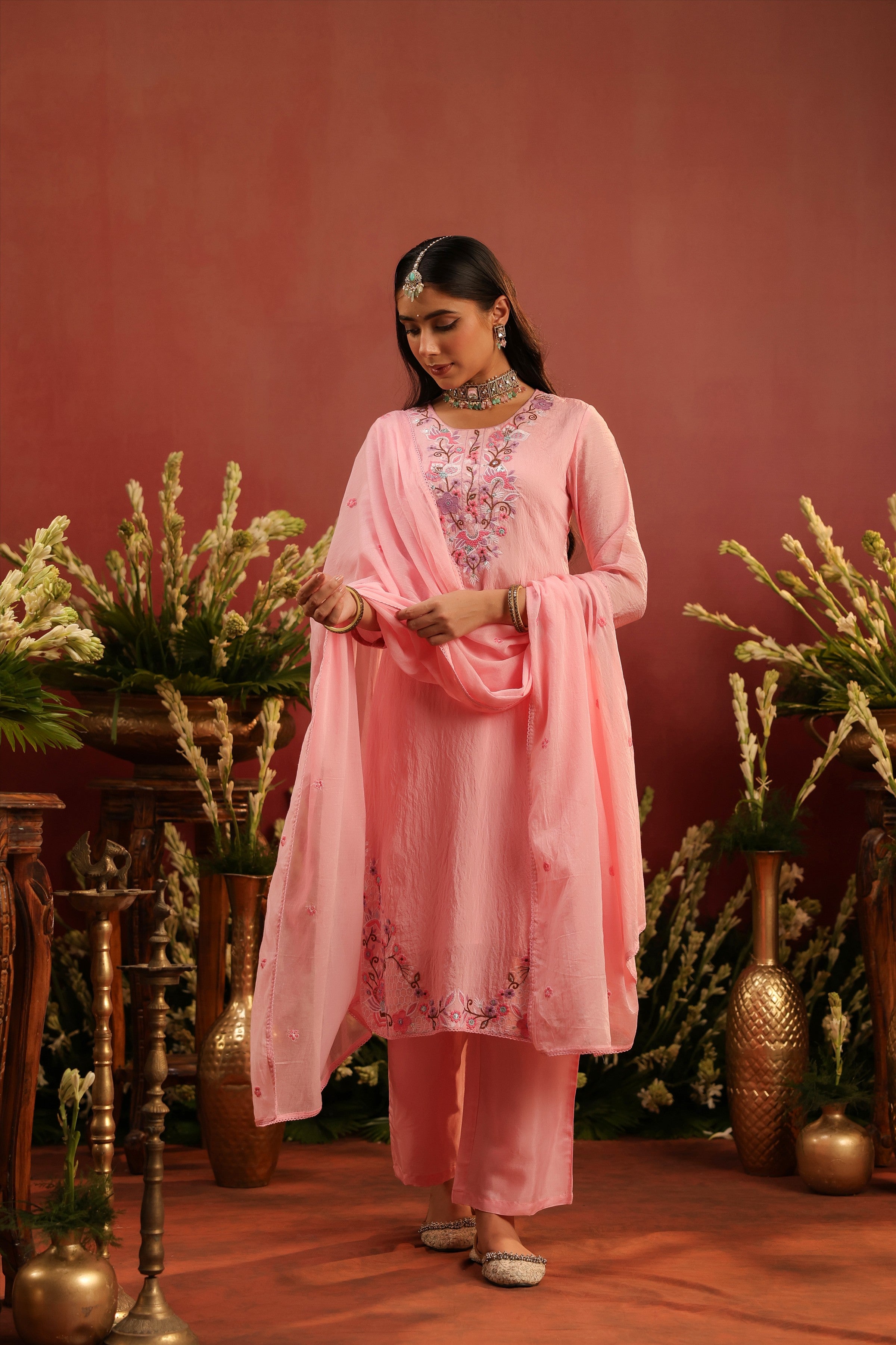 Pink Mul Chanderi Floral Embroidered Straight Suit Set