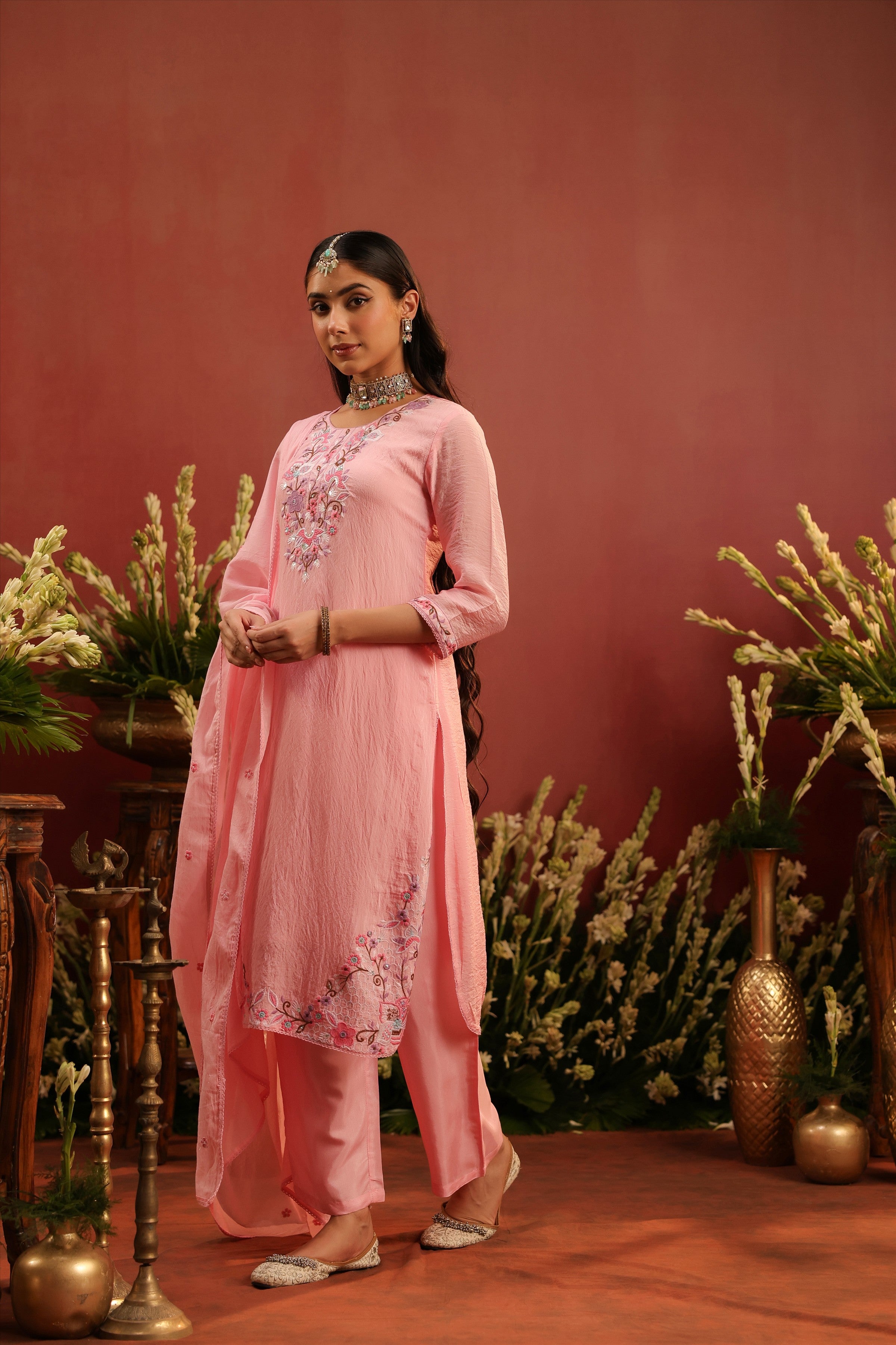 Pink Mul Chanderi Floral Embroidered Straight Suit Set