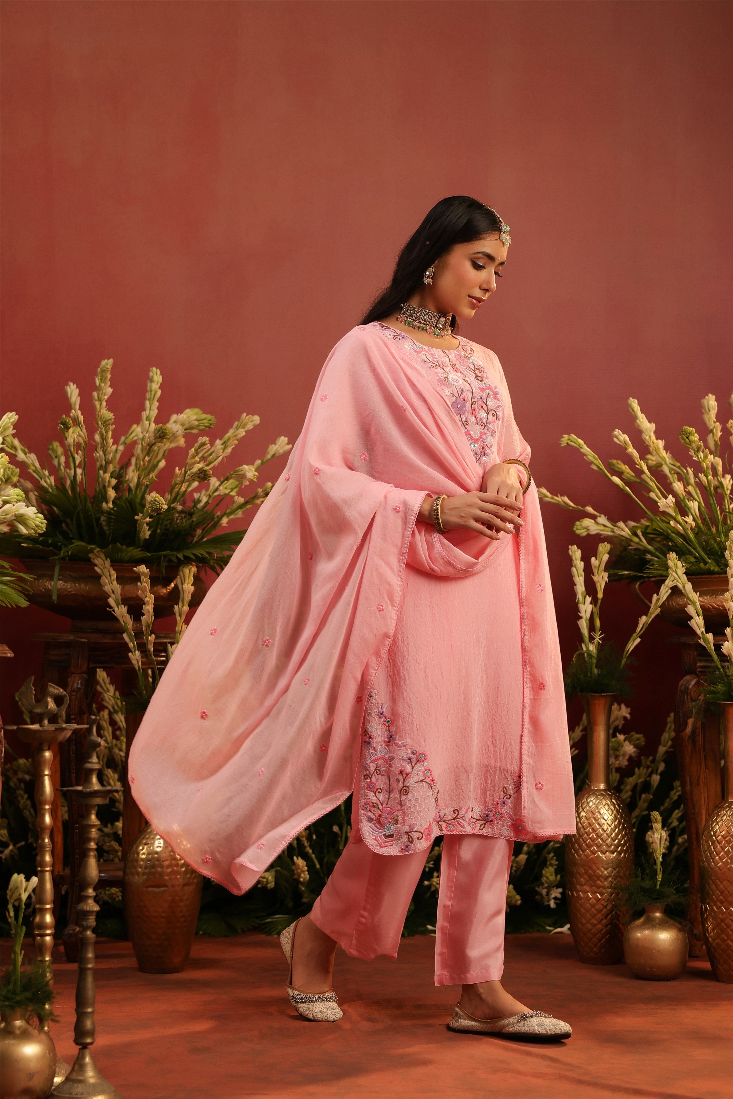Pink Mul Chanderi Floral Embroidered Straight Suit Set