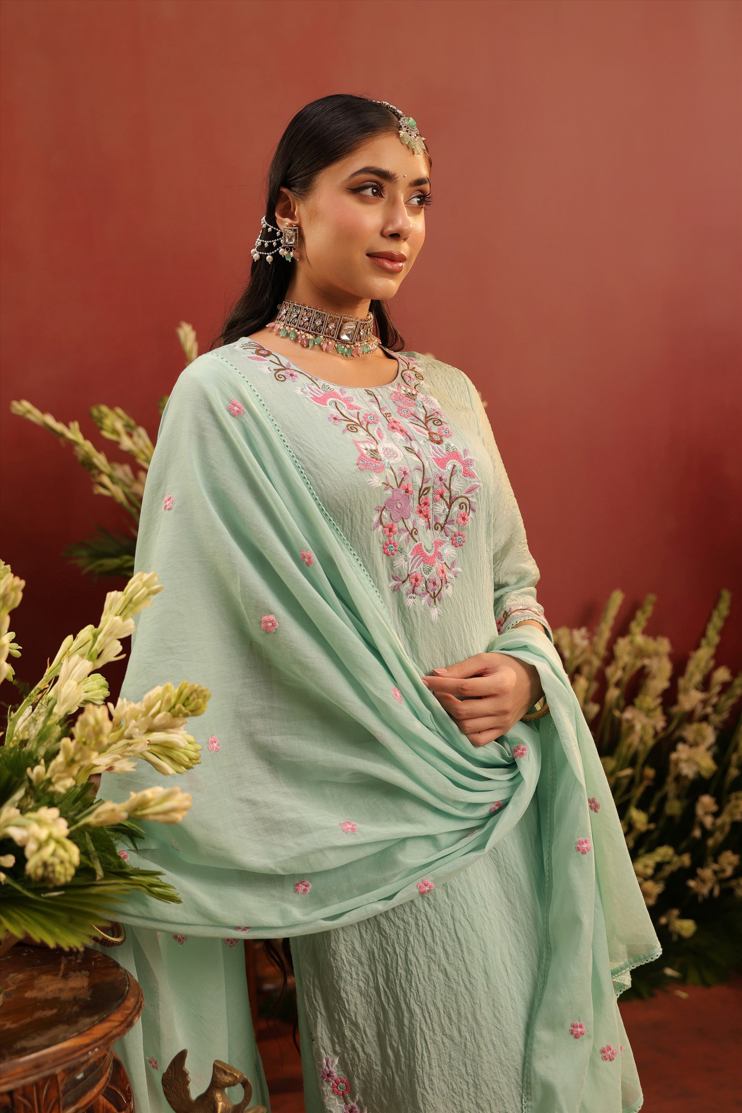 Sea Green Mul Chanderi Floral Embroidered Straight Suit Set