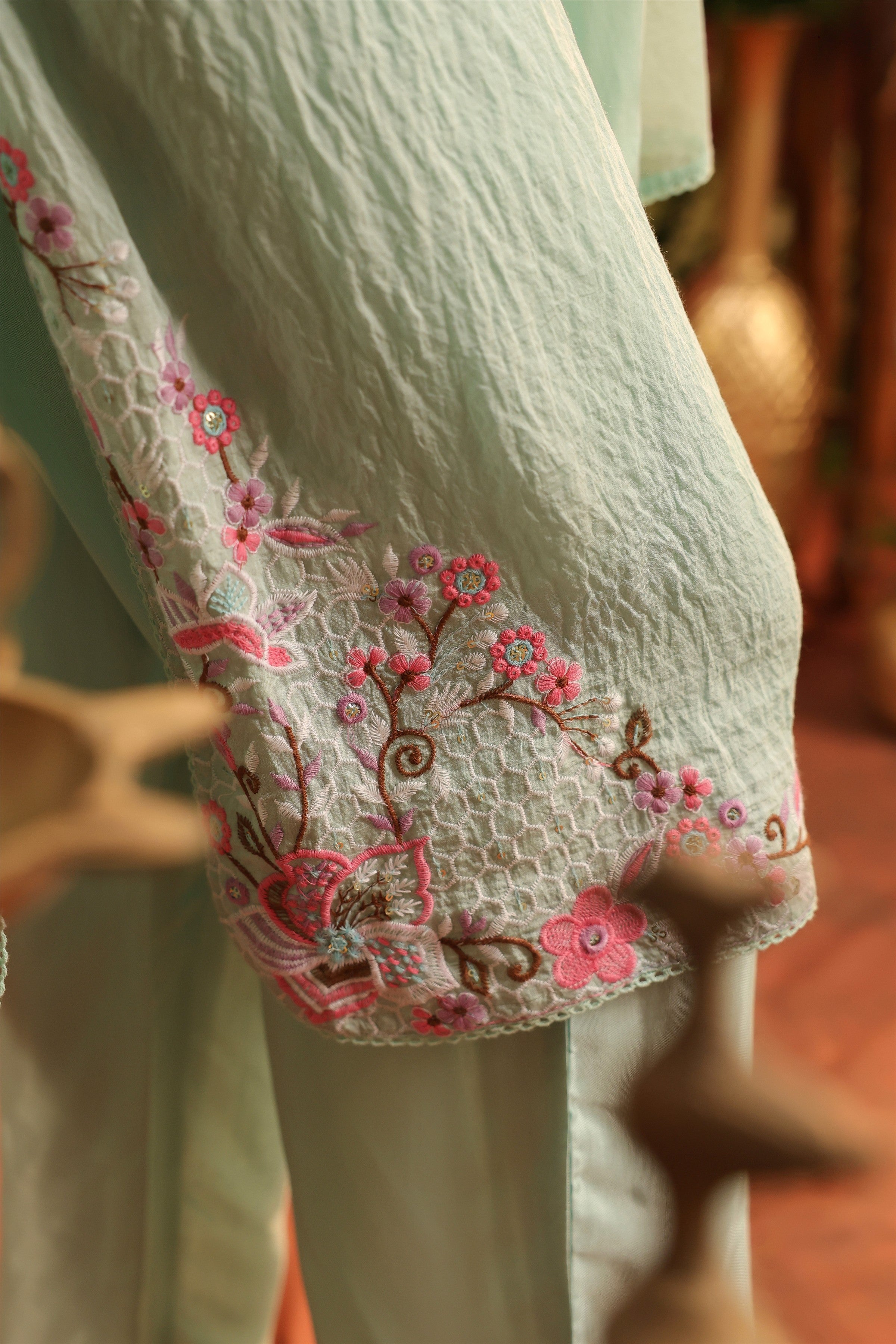 Sea Green Mul Chanderi Floral Embroidered Straight Suit Set