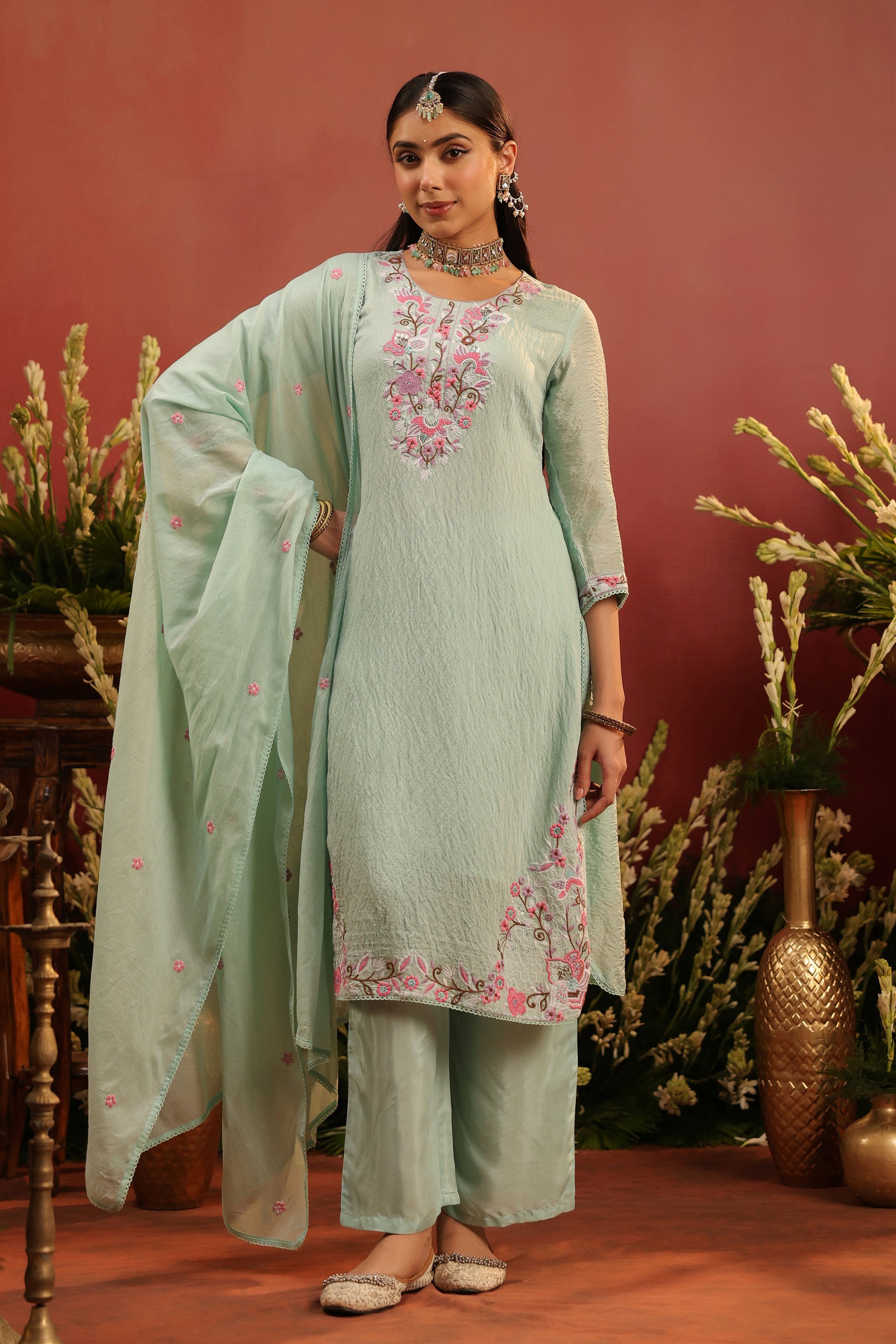 Sea Green Mul Chanderi Floral Embroidered Straight Suit Set
